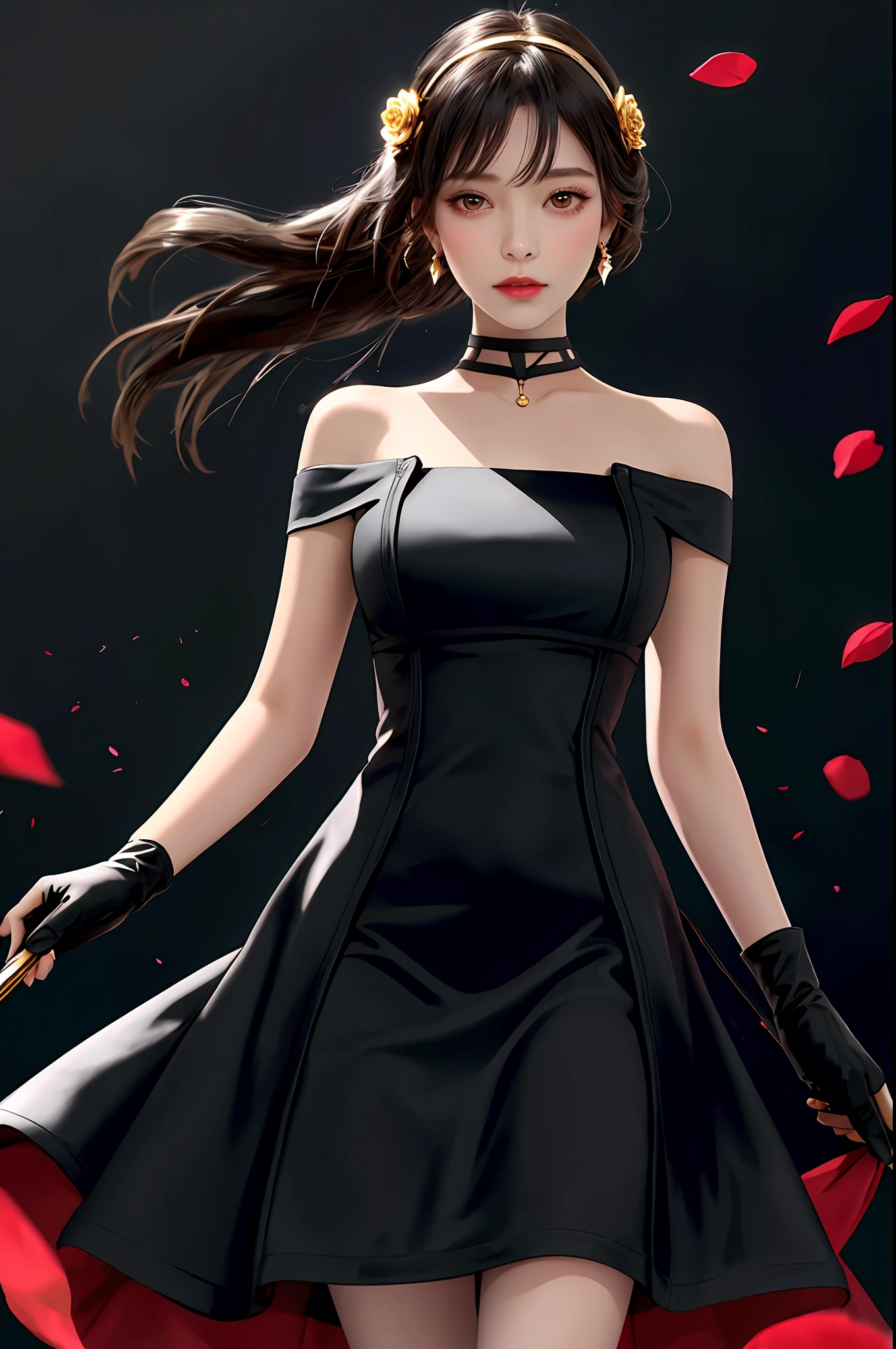 yor briar, (photorealistic), beautiful girl,
backlighting, bare shoulders, black background, black dress, black gloves, black hair, breasts, closed mouth, cowboy shot, dress, earrings, expressionless, fingerless gloves, floating hair, gloves, gold earrings, gold hairband, hair flower, hair ornament, hairband, jewelry, large breasts, light particles, long hair, looking at viewer, off-shoulder dress, off shoulder, petals, red eyes, short hair with long locks, sidelocks, solo, spikes, thighs, two-sided dress, two-sided fabric
, ((masterpiece))