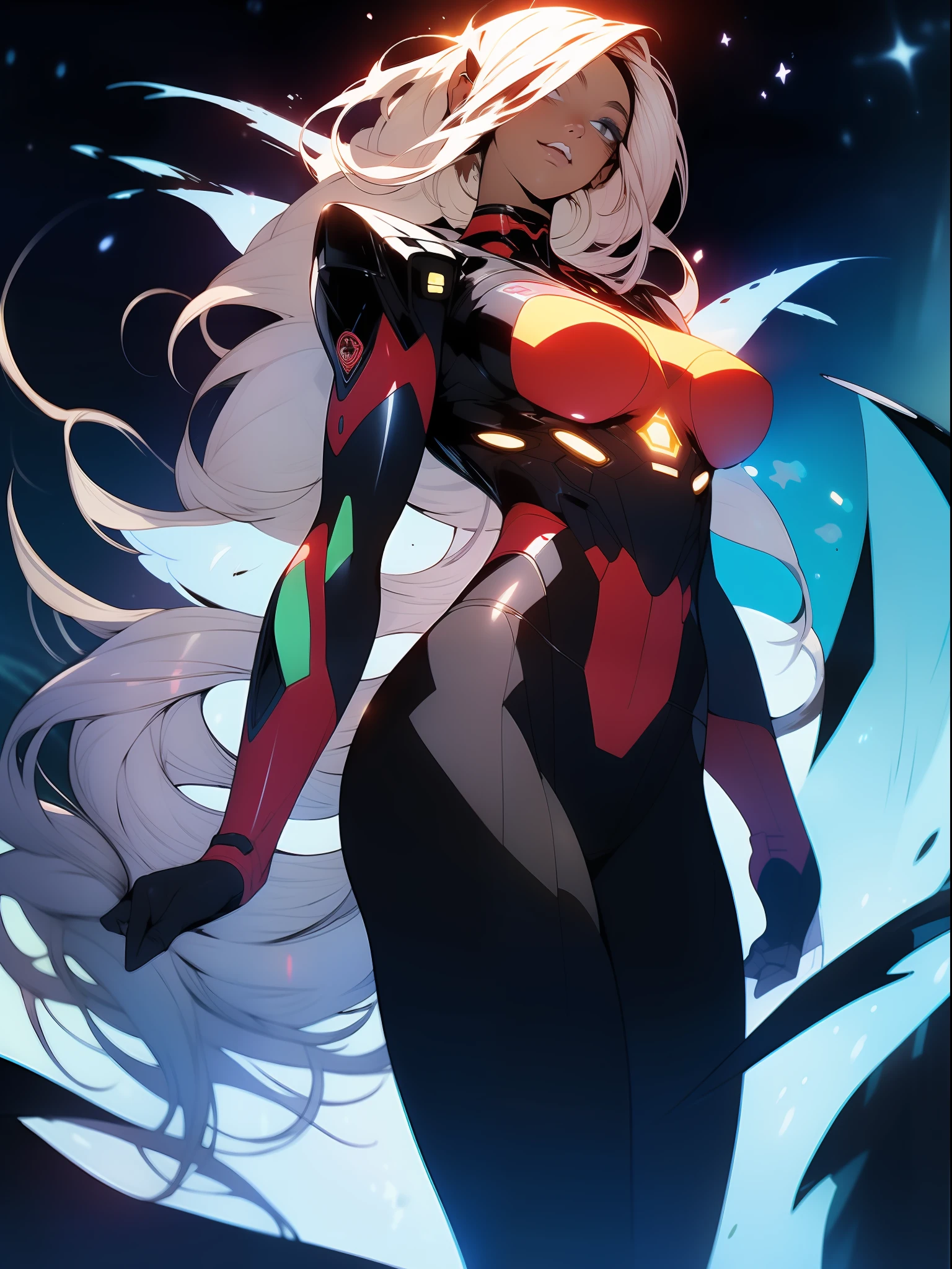 ((Best quality)), ((masterpiece)), (detailed: 1.4), (Absurd), Tank pilot black woman ready for war, shiny skin, perfect body, back, perfect ass, defined muscles, half thick naked thighs, closed mouth, only in panties, include stars in clothing, muscular body covered by technological clothing, Neon Genesis Evangelion style, cyberpunk, generous neckline, ((perfect large breasts)), (blue eyes without pupils), ((clothing in the colors of the flag of Australia)), (((afro blonde hair)))), (thin stripes covering the breasts), (Psychedelic tattoo on the arms), ((drawings of a devil on the arms)), Australia, short underwear, garter belt, by mucha, niji --V5, close to real, psychopath, crazy face, sexy pose, background with a giant Gundam style robot head, 2 piece clothing, shoulder pads with airplane wings, pastel, centered, scale to fit dimensions, HDR (High Dynamic Range),Ray Tracing,NVIDIA RTX,Super-Resolution,Unreal 5,Subsurface dispersion, PBR texture, Post-processing, Anisotropic filtering, Depth of field, Maximum clarity and sharpness, Multilayer textures, Albedo and specular maps, Surface shading, Accurate simulation of light-material interaction, Perfect proportions, Octane Render, Two-tone lighting, Wide aperture, Low ISO, White balance, Rule of thirds, 8K RAW, crysisnanosuit