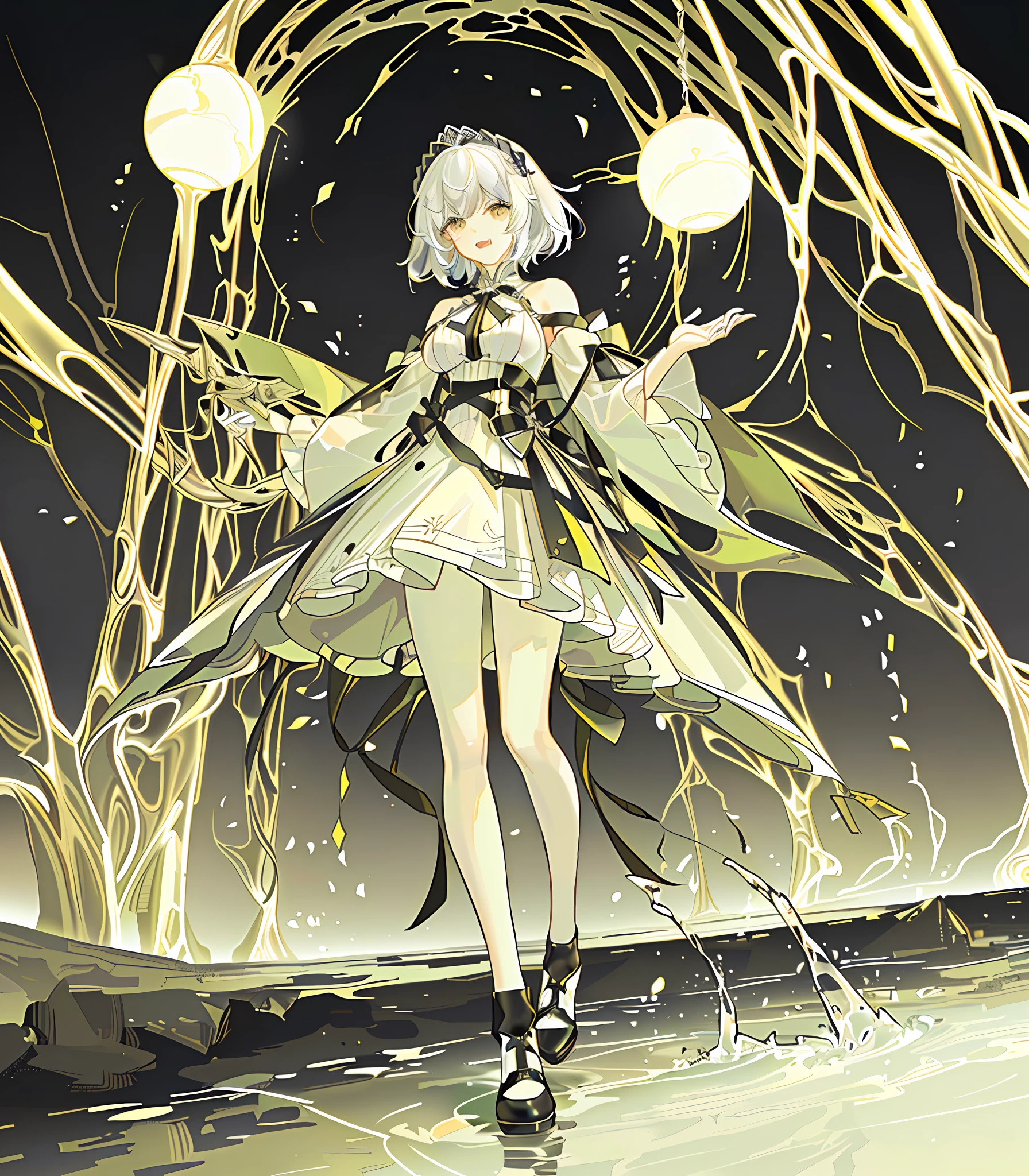 1个Giant Breast Girl,a beauty girl,fang,vred,short detailed hair,whaite hair,hair pin,Summer dress,stocklings,shoe,looking-down,窗帘,Splashing colored shredded paper,The upper part of the body,official art style,Improve picture quality,color difference、Color out of focus,Contour deepening,pastelcolor