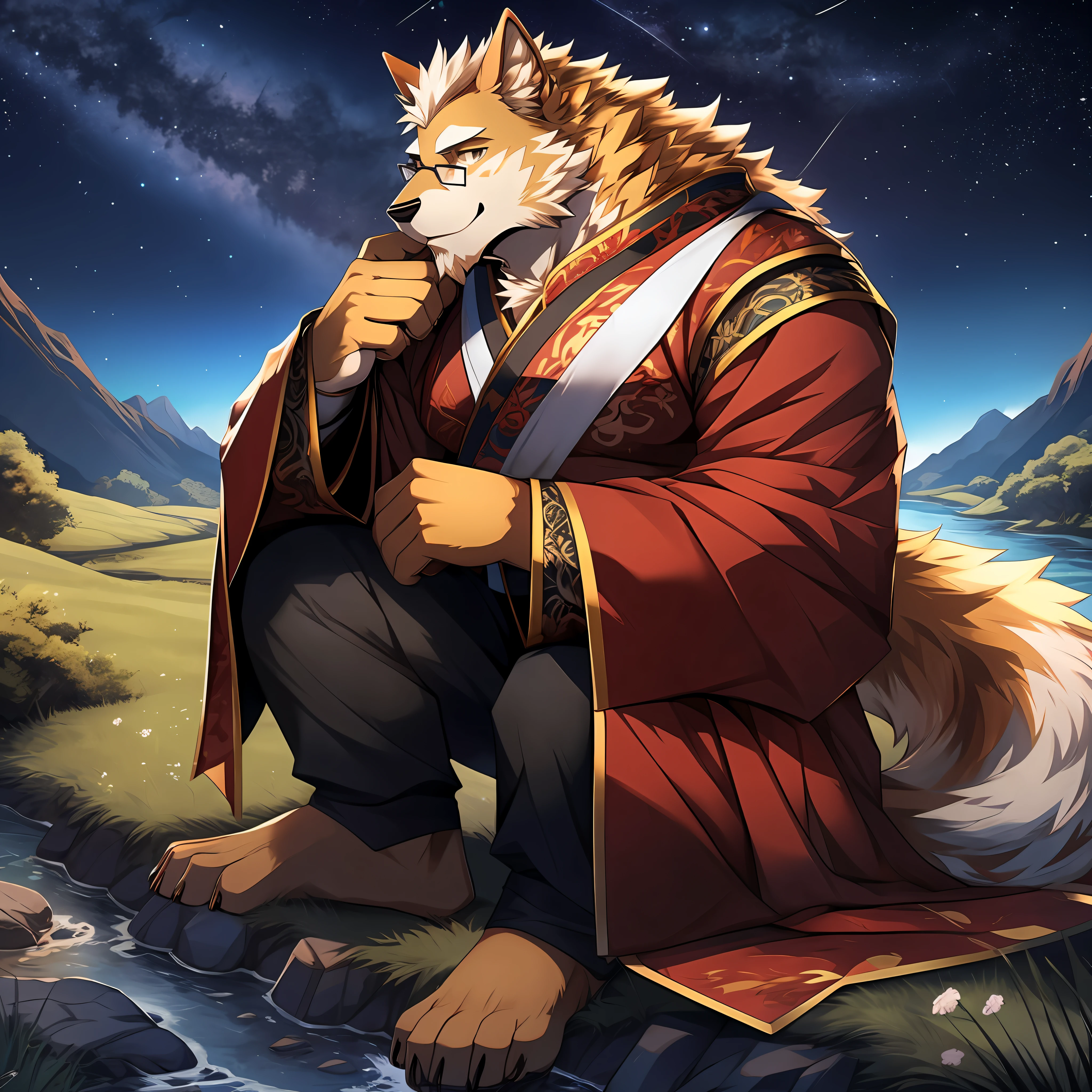 （A golden werewolf with golden fur and glasses sits on the grass under the stars：1.2），（male people）Look at the river of stars in the distance，the corners of your mouth rise slightly，He wore ancient Chinese costumes，is an astrologer，He is very fond of astrology，Has a deep love for the stars，He has several dark red stripes on his cheeks，extremy detailed，detailedbackground，Extremely beautiful starry sky background extremely detailed，starrysky，Muscle men，由Null-Ghost:0.7 brought，Handsome，sbeard