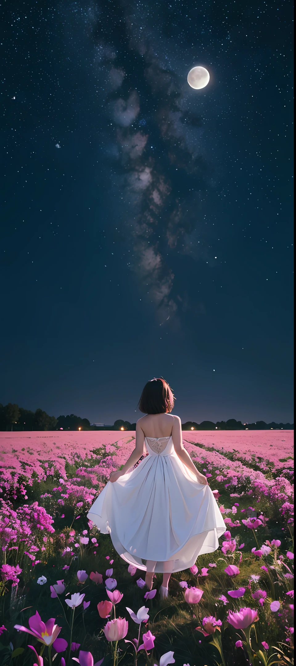 photorealestic，Hyper-detailing，low perspective，A girl with short hair looks up at the stars，moon full，full moon，Wear a dress，Stand on a field surrounded by flower petals，Look straight at the starry sky ahead，The middle distance is in the middle of the frame，the night，The sky is full of stars，Back shadow ，best qualtiy， --auto