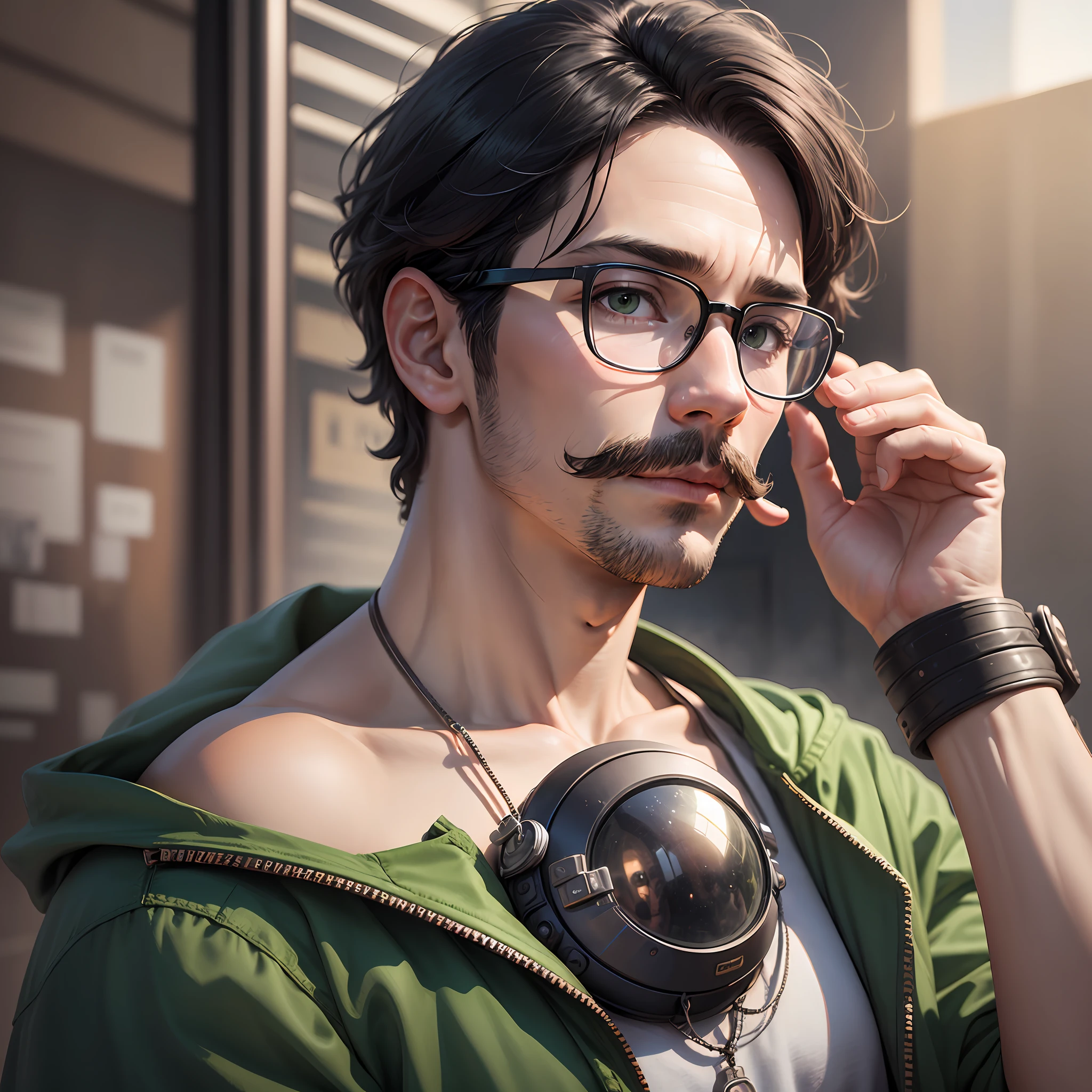 front view, hyper realistic portrait of Renato, male character, very white skin, thin and delicate face with mustache, slender body, shoulder-length black hair, wearing a green coat and a red t-shirt, a huge transparent nerd glasses, an alien helmet , outdoors, daytime, blue sky, diffused light, lighting and photography by Spike Jonze --auto --s2