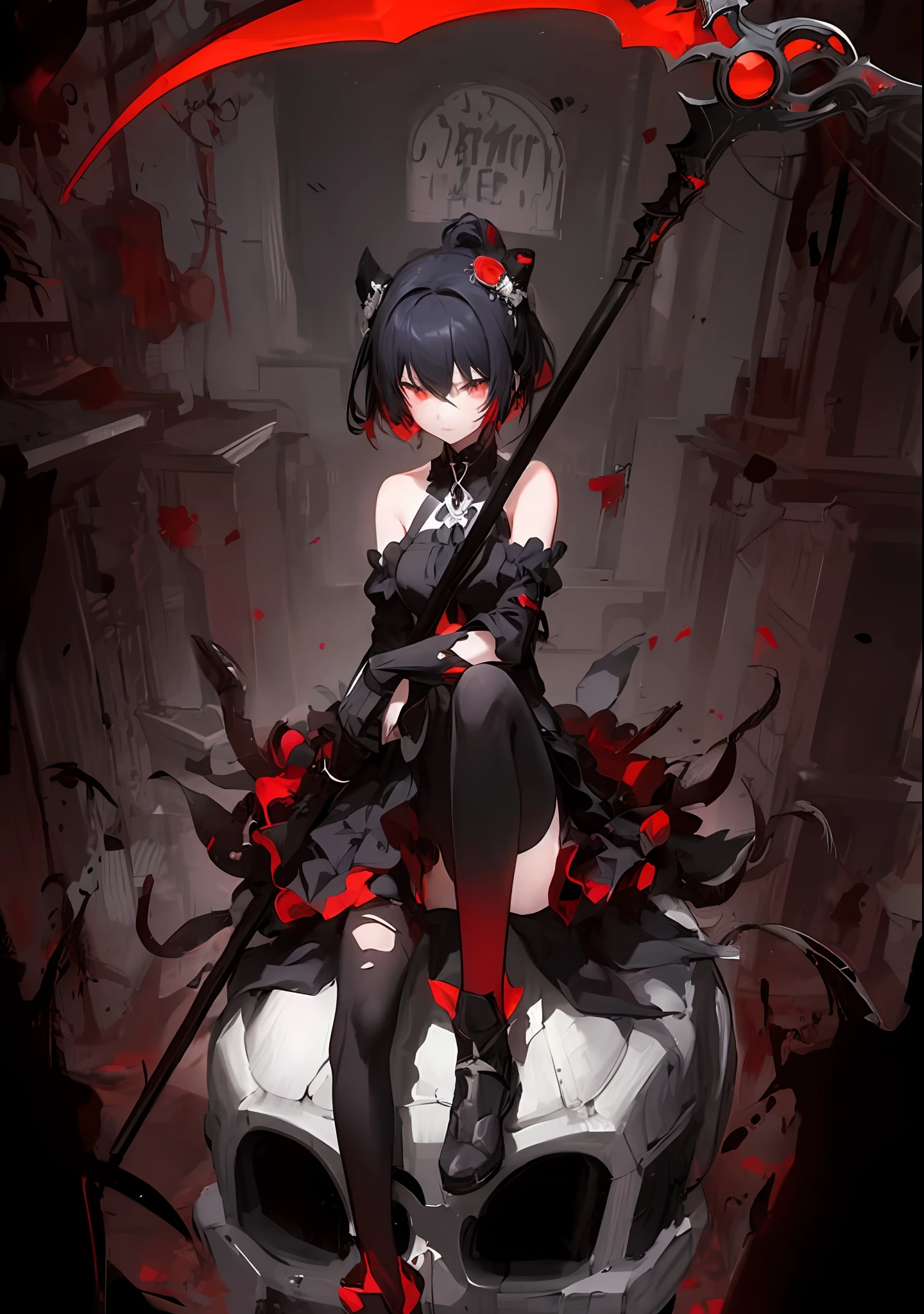 Black and white hair color，，teens girl，Giant scythe，red pupils，Anime comic style，Beautiful and moving