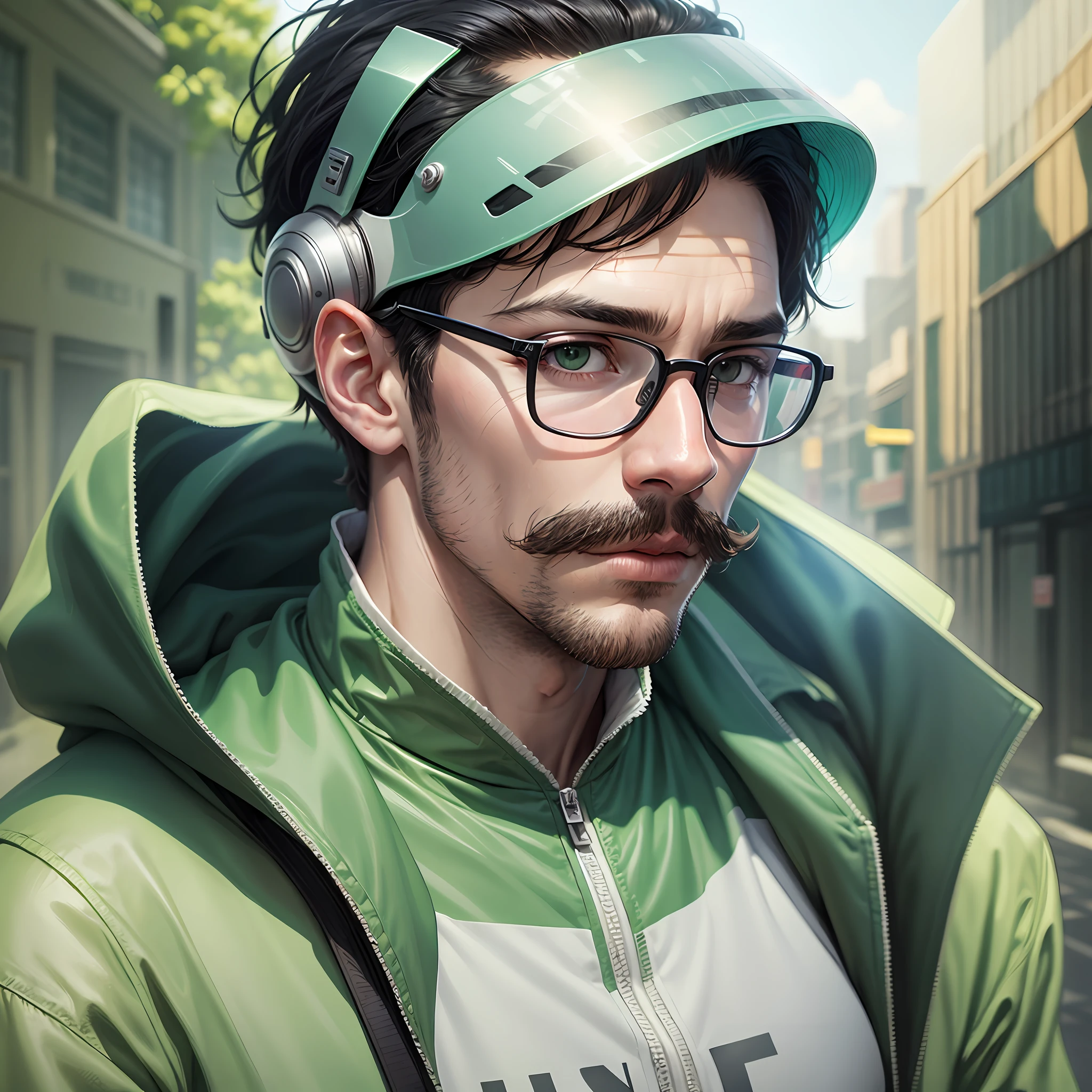 front view, hyper realistic portrait of Renato, male character, very white skin, thin and delicate face with mustache, slender body, shoulder-length black hair, wearing a green coat and a red t-shirt, a huge transparent nerd glasses, an alien helmet , outdoors, daytime, blue sky, diffused light, lighting and photography by Spike Jonze --auto --s2