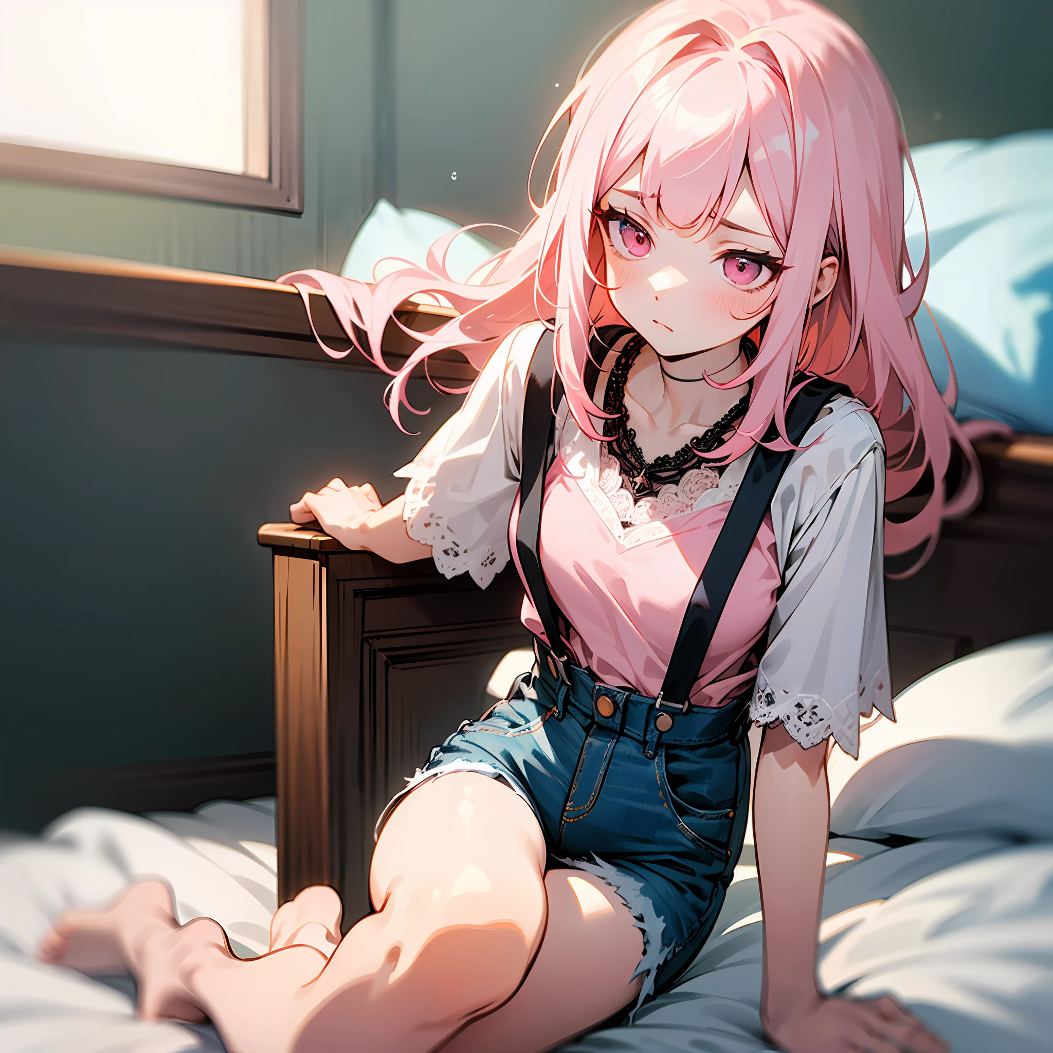 Pale pink hair，Dull hair，Full bangs，Long hair and waist，Lazy expression，Half blue, half pink eyes，Black suspender lace short-sleeved leaky top，A bust，Black necklace，denim short，Barefoot，The duck sits on the bed --auto