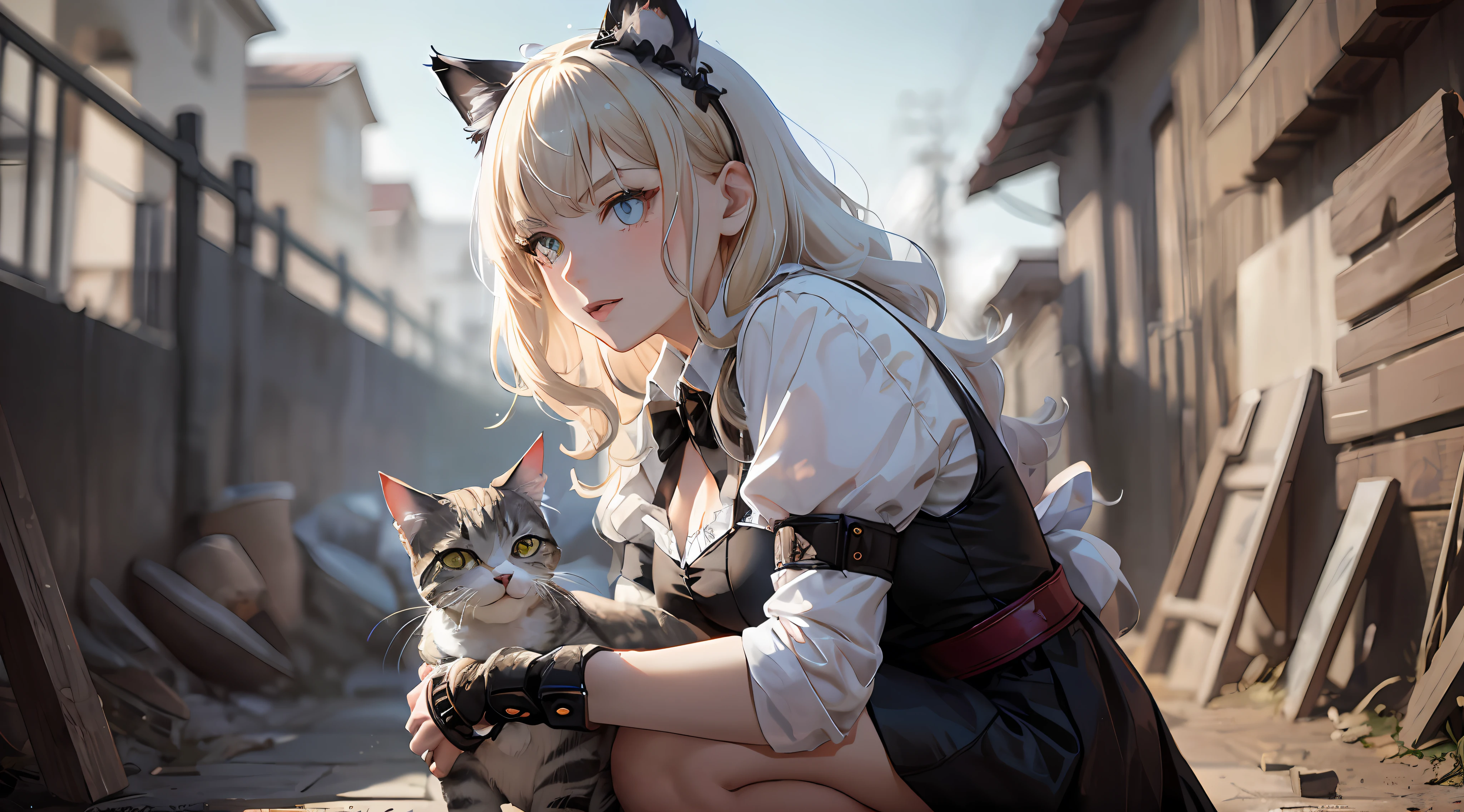 Blonde woman in black and white holding a cat,Carrying a handful of M4A1 blue pupils Beautiful young Catwoman, Attractive cat girl, Guviz-style artwork, Loish et WLOP, very beautiful cute catgirl, wlop and ross thran, Cat girl, White Cat Girl, Girl with cat ears, beautiful anime catgirl, cat woman, anime girl with cat ears