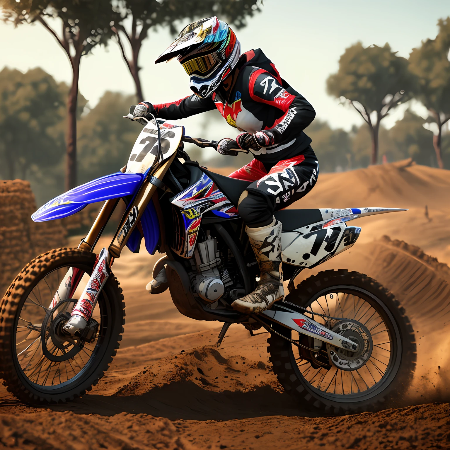 Mulher motocross, estilo cyberpunk, saltando 4k, 8k, ultra realistico, detalhado, de corpo inteiro, rosto bonito, de capacete, soft lighting, alta qualidade --auto