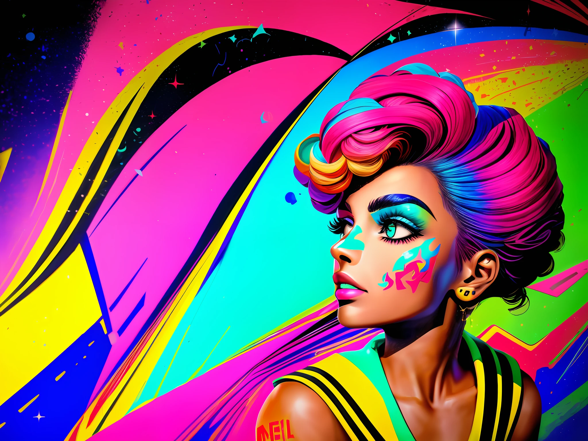 ((melhor qualidade)), ((obra-prima)), ((realista)), synthwave, retro, mulher, cabelo multicolorido, graffiti, hip hop, abstrato, high-resolution, detalhado