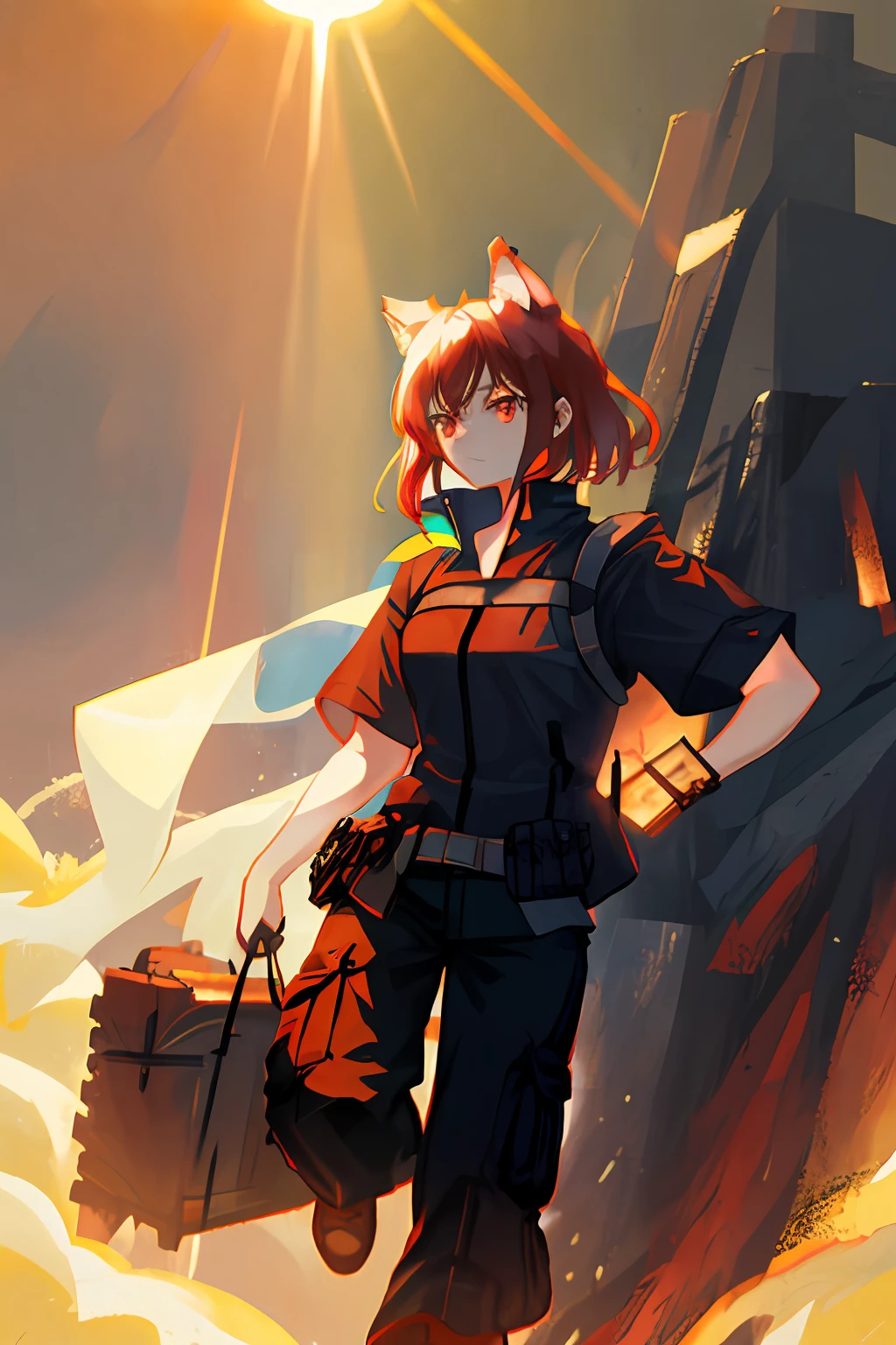 Red-haired girl，Wolf tail hair，Black cargo pants，Black short-sleeved top，Golden eyes，rays of sunshine，Heroic，tmasterpiece，Need