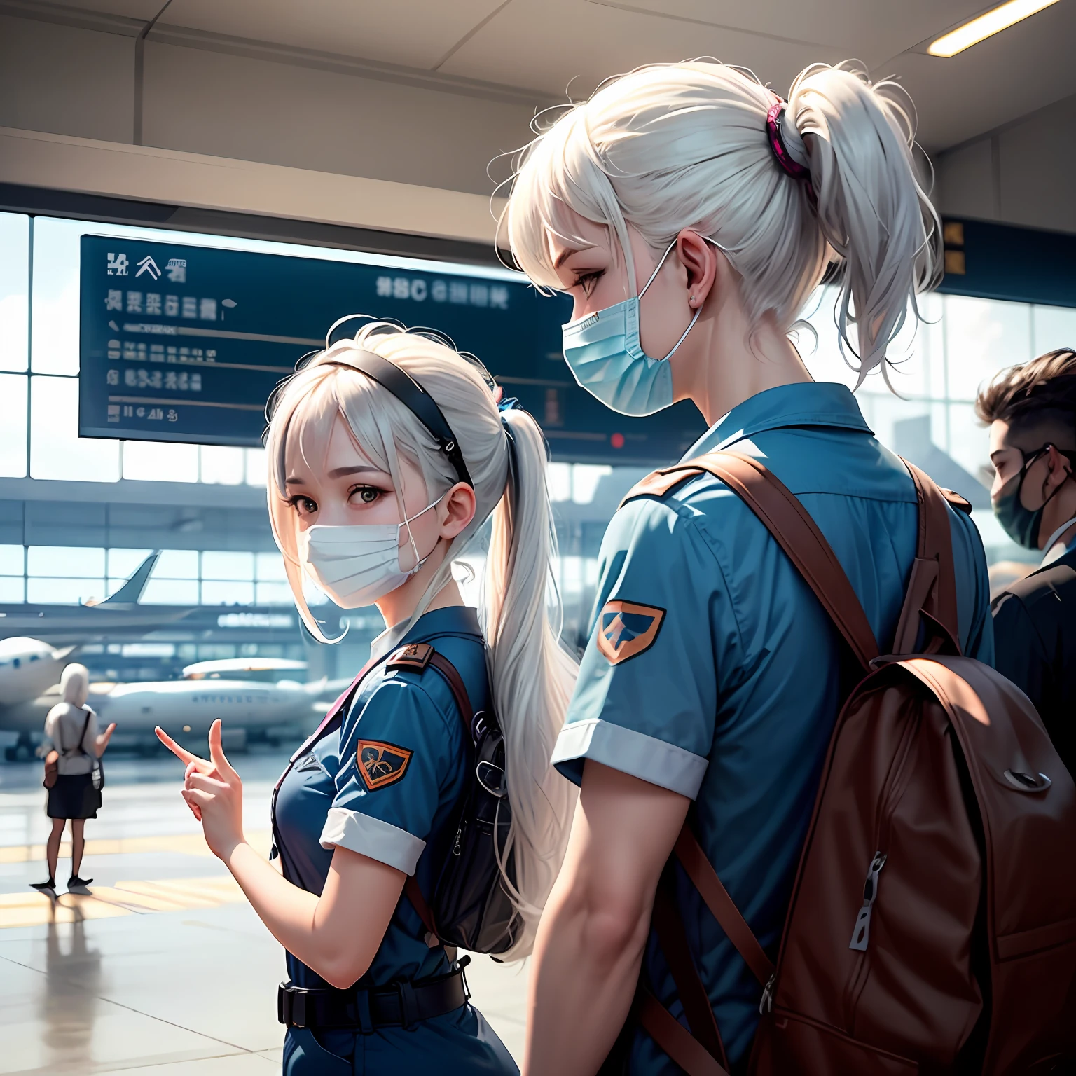 detail depiction+Picture description:
The white-haired girl is wearing a refreshing airport costume,Stand in front of the signs at the airport,Wearing a mask on his face,Huya cute,A double ponytail is tied to his head,While looking at the plane about to land in the distance,While reaching out and taking a V-shaped gesture。 --auto