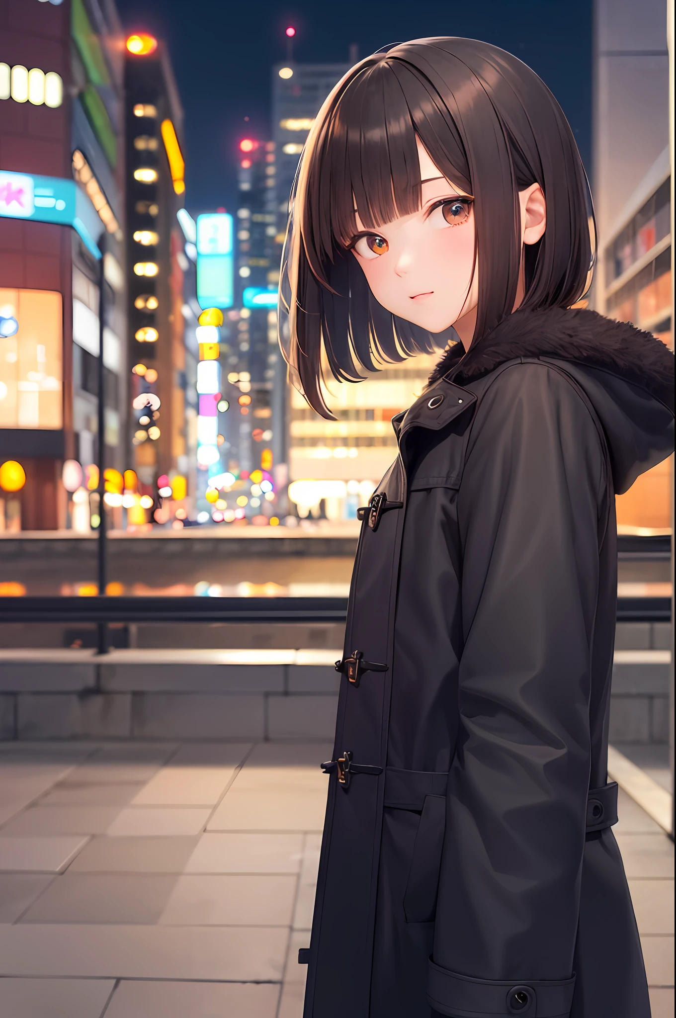 best quality, 1girl, 独奏, brunette color hair, a short bob, (black coat), the night, 城市, sci fi background，Broad perspective（Look from the bottom up），Day wind