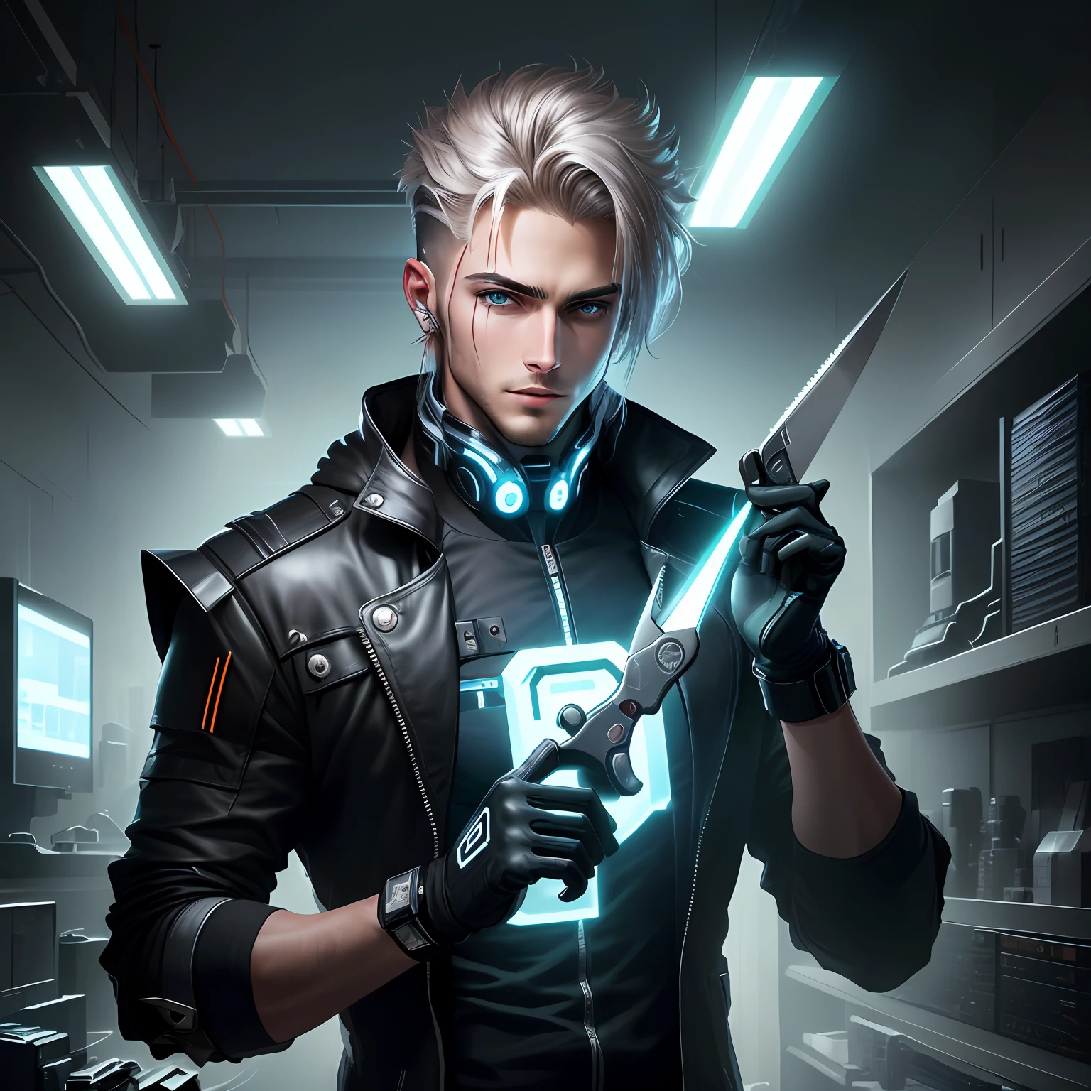 Clean design，plethora of colors，cyber punk perssonage，hairdetailer，handsome and dashing，Scissors in hand