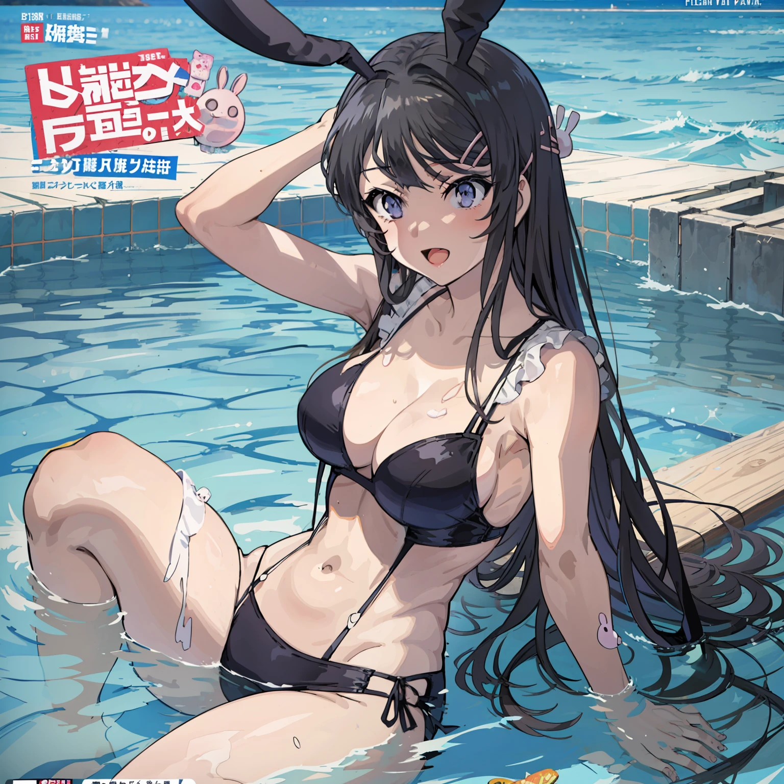 sakurajima mai,Comic cover style，Comic title，highest  quality，Ocean park，having fun，Slim and healthy body，Sexy swimming costume，Fleshy thighs are cool，stocklings，Rabbit ears