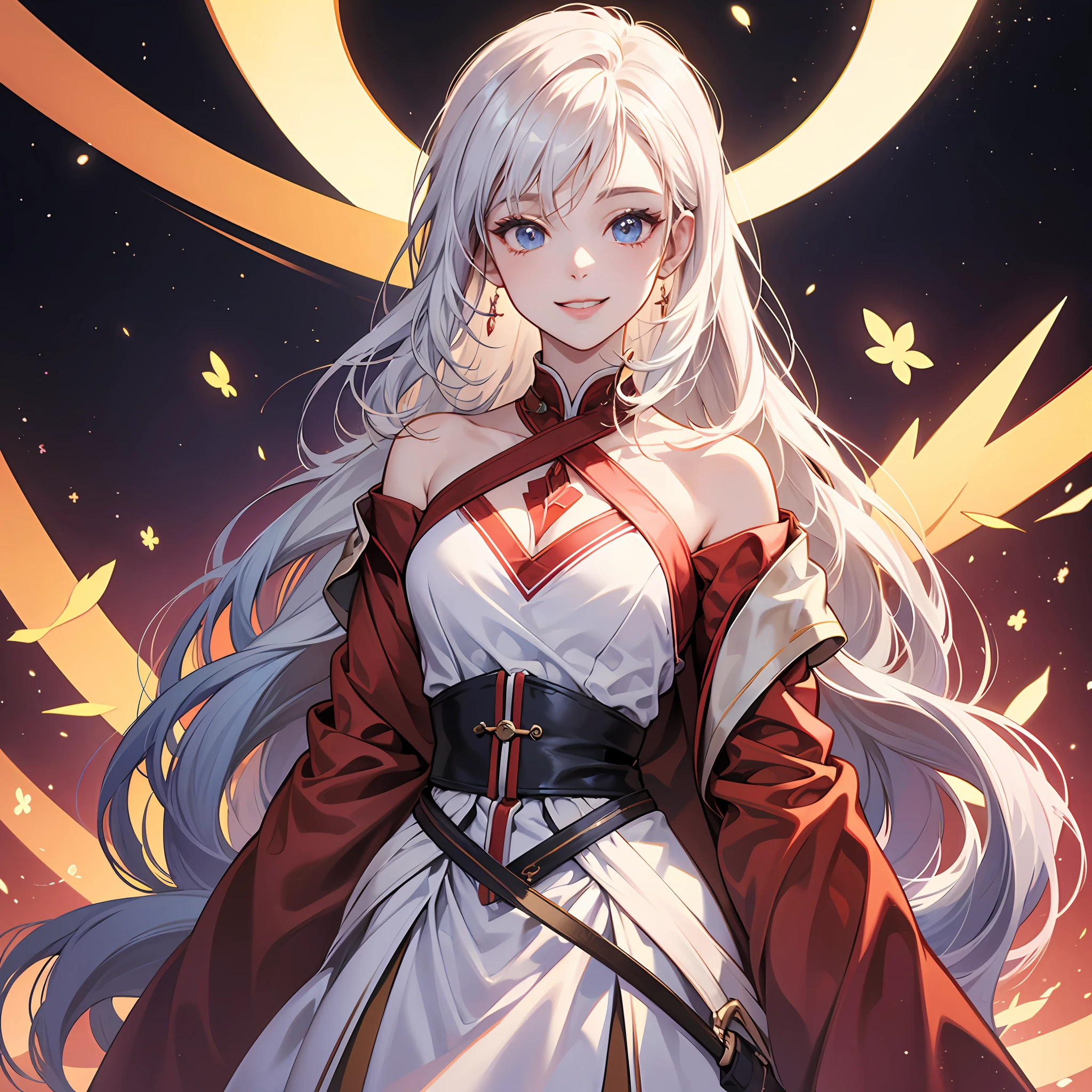 tmasterpiece,high qulity,Anime style,8k cg,Complicated details,detailed back ground,Holy。trinkets,by DylanKowalski,((1girl)),The upper part of the body,The body is feminine,,orthofacial,long white hair,seminal smile --auto