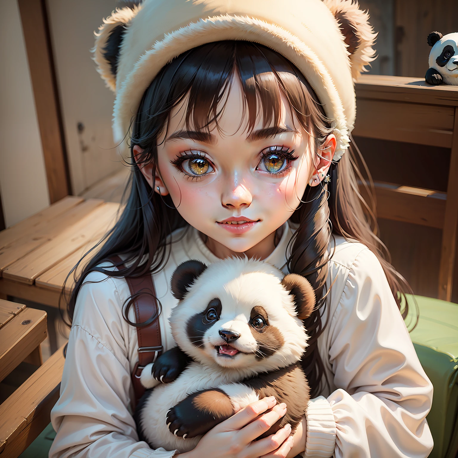 A girl frolicks with a giant panda, black hair, blunt bangs, hair spread out, big hair, smile, blush, anime, anime style, sparkle, masterpiece --auto