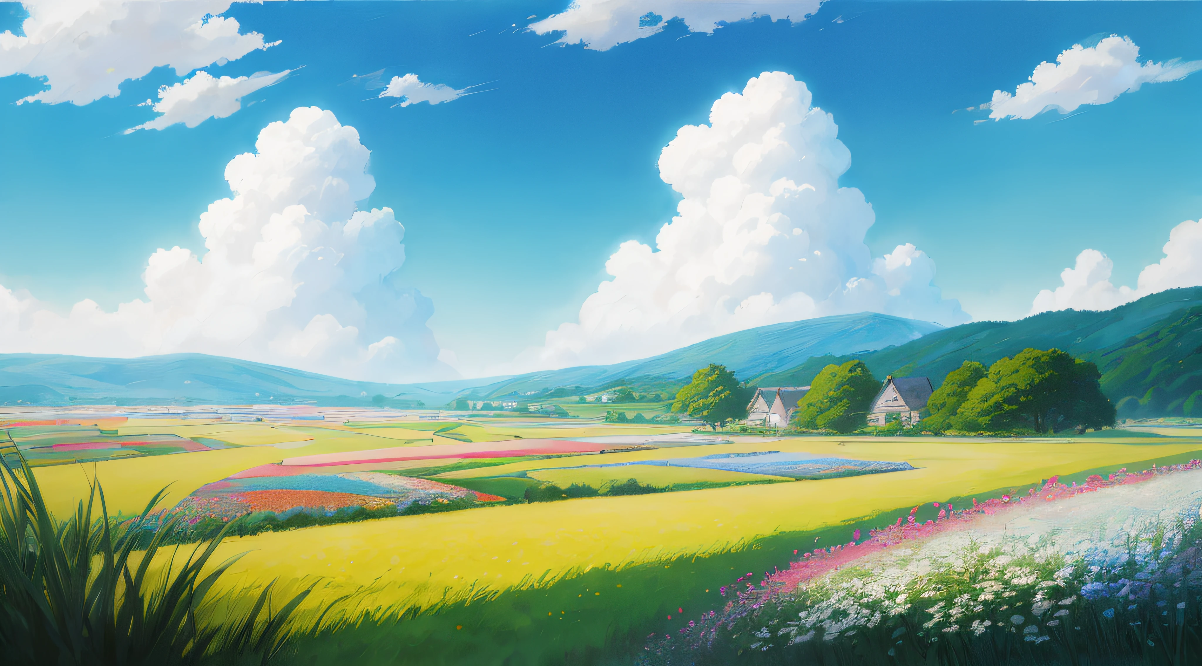 Scenery painted with houses and flower fields, anime countryside landscape, Anime landscape, beautiful anime scenery, anime landscape wallpapers, Anime background art, Anime landscapes, anime beautiful peace scene, Detailed scenery —width 672, landscape artwork, Anime landscape concept art, distant village background, lindo cenario, beautiful anime scenes, anime backgrounds