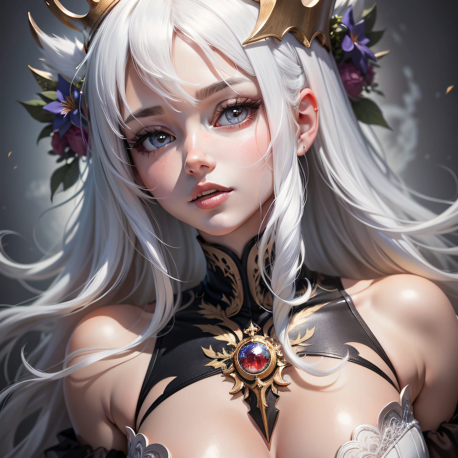 white hair, crown, halo, anime, anime style, upside-down, close-up, UHD, masterpiece, anatomically correct, high details, highres, best quality