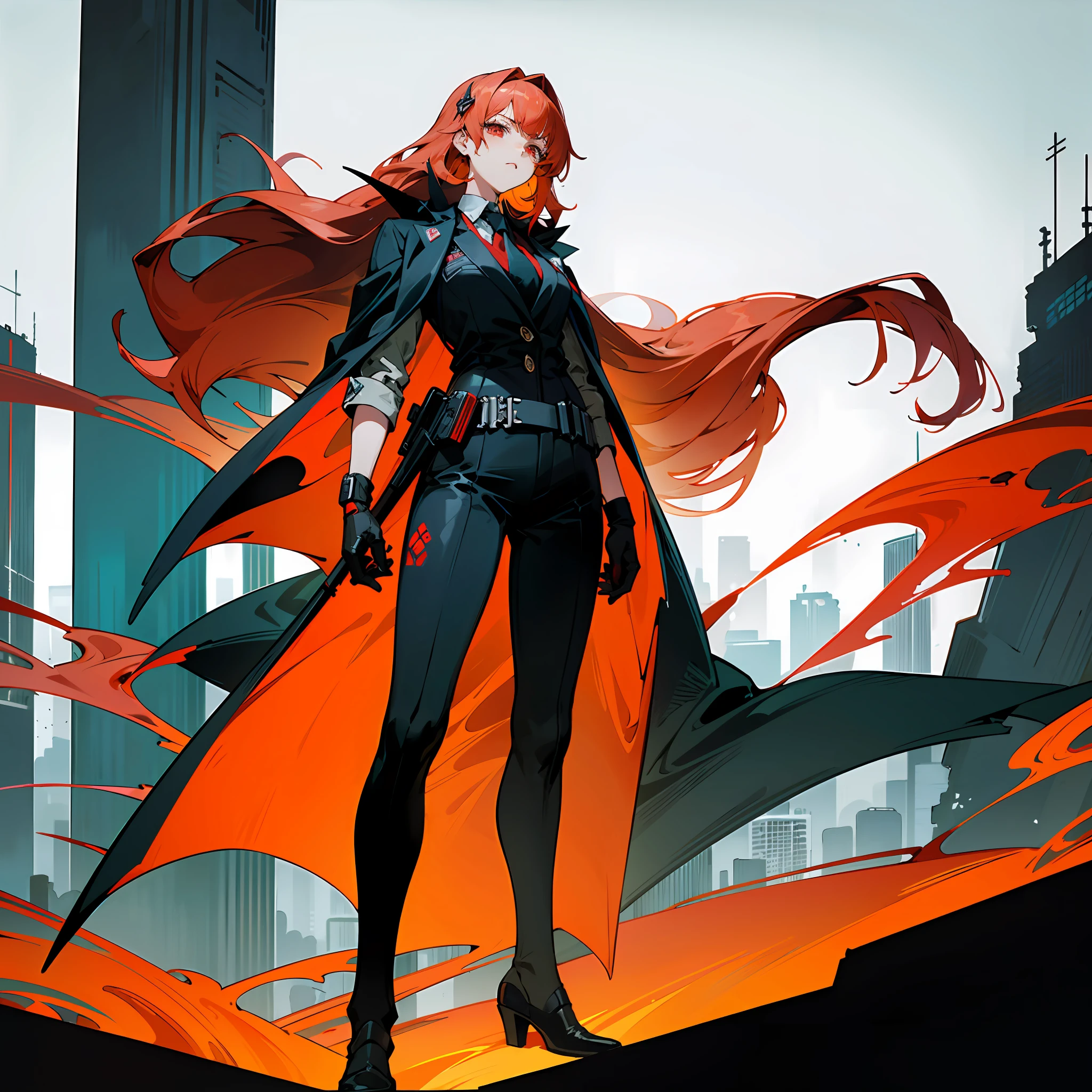 anime character with red hair and cape standing in front of a city, Digital cyberpunk anime art, anime cyberpunk art, cyberpunk anime art, Anime cyberpunk moderno, cyberpunk anime girl, femele，Need，Impeccable，Tall and tall，Beautuful Women，warrioress，Blood-colored mist，（tmasterpiece，best qualtiy）， 1girll， 独奏， （（long whitr hair， red tinted hair， In black suit，））， with black background， standing on your feet， flatcolors， red color eyes， Long knives， Black and white smoke， Rich colors， skyscrapper， urban backdrop，dystopian