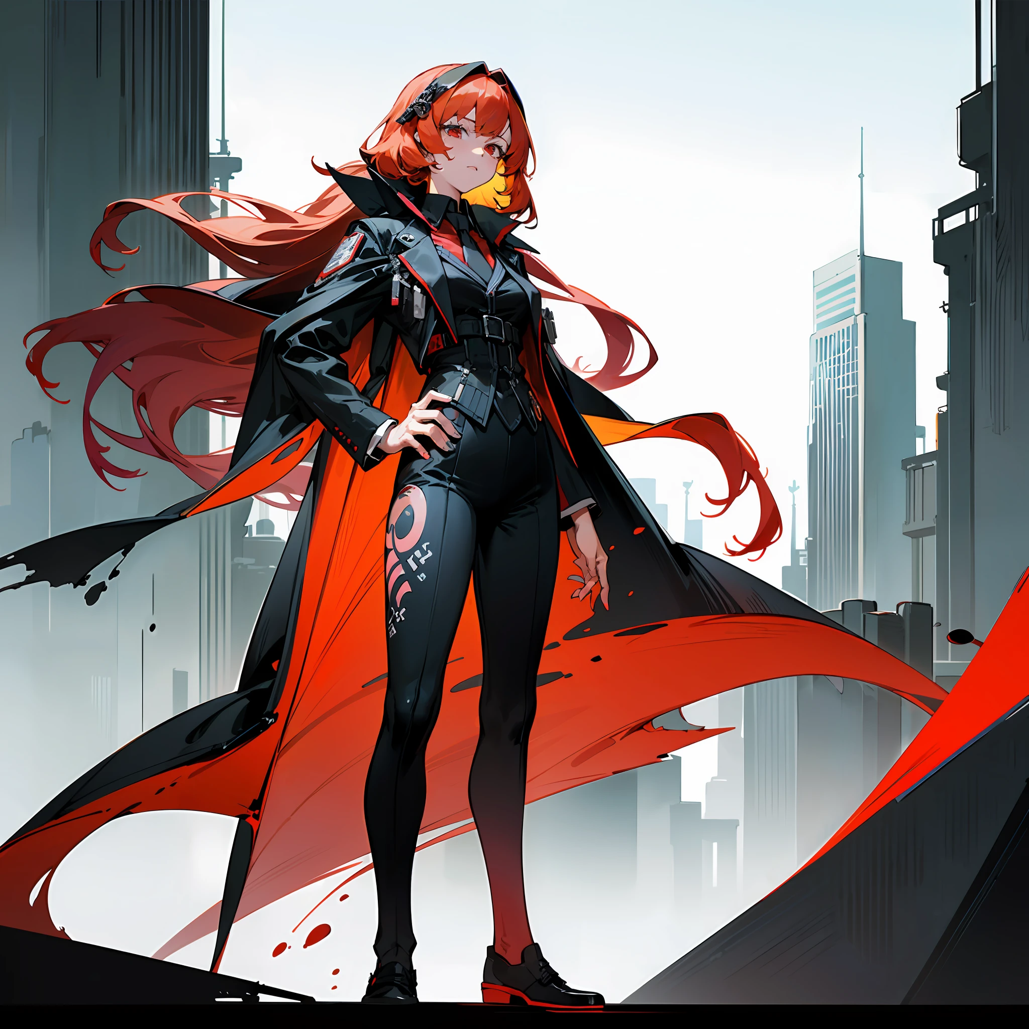 anime character with red hair and cape standing in front of a city, Digital cyberpunk anime art, anime cyberpunk art, cyberpunk anime art, Anime cyberpunk moderno, cyberpunk anime girl, femele，Need，Impeccable，Tall and tall，Beautuful Women，warrioress，Blood-colored mist，（tmasterpiece，best qualtiy）， 1girll， 独奏， （（long whitr hair， red tinted hair， In black suit，））， with black background， standing on your feet， flatcolors， red color eyes， Long knives， Black and white smoke， Rich colors， skyscrapper， urban backdrop，dystopian