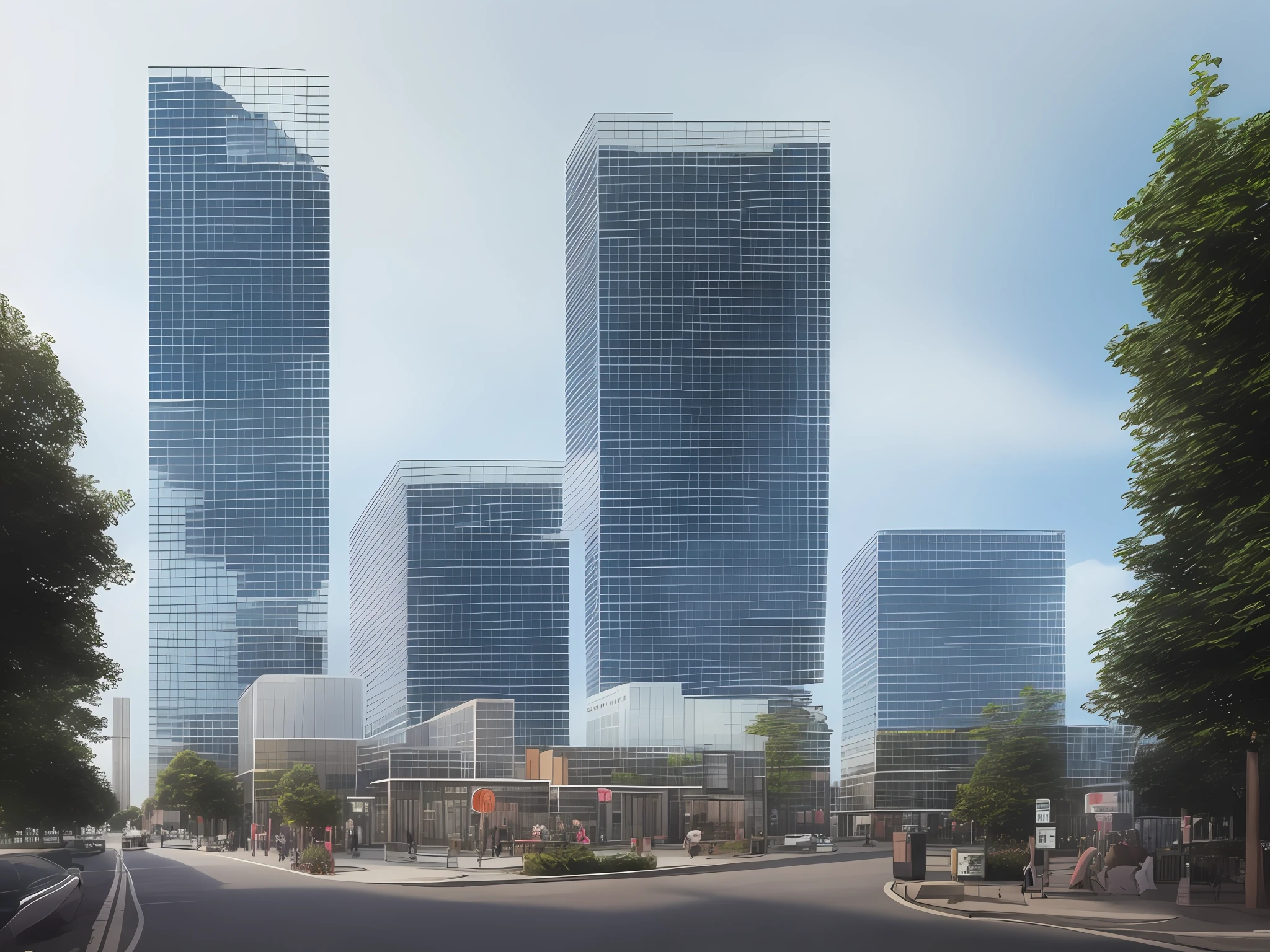 there is a street with a sign and a building in the background, building in the distance, mid-view, frontview, front-view, tall buildings on the sides, full - view, view from the distance, the building is a skyscraper, street level view, urban view in the distance, wide view, lots of building, a wide shot