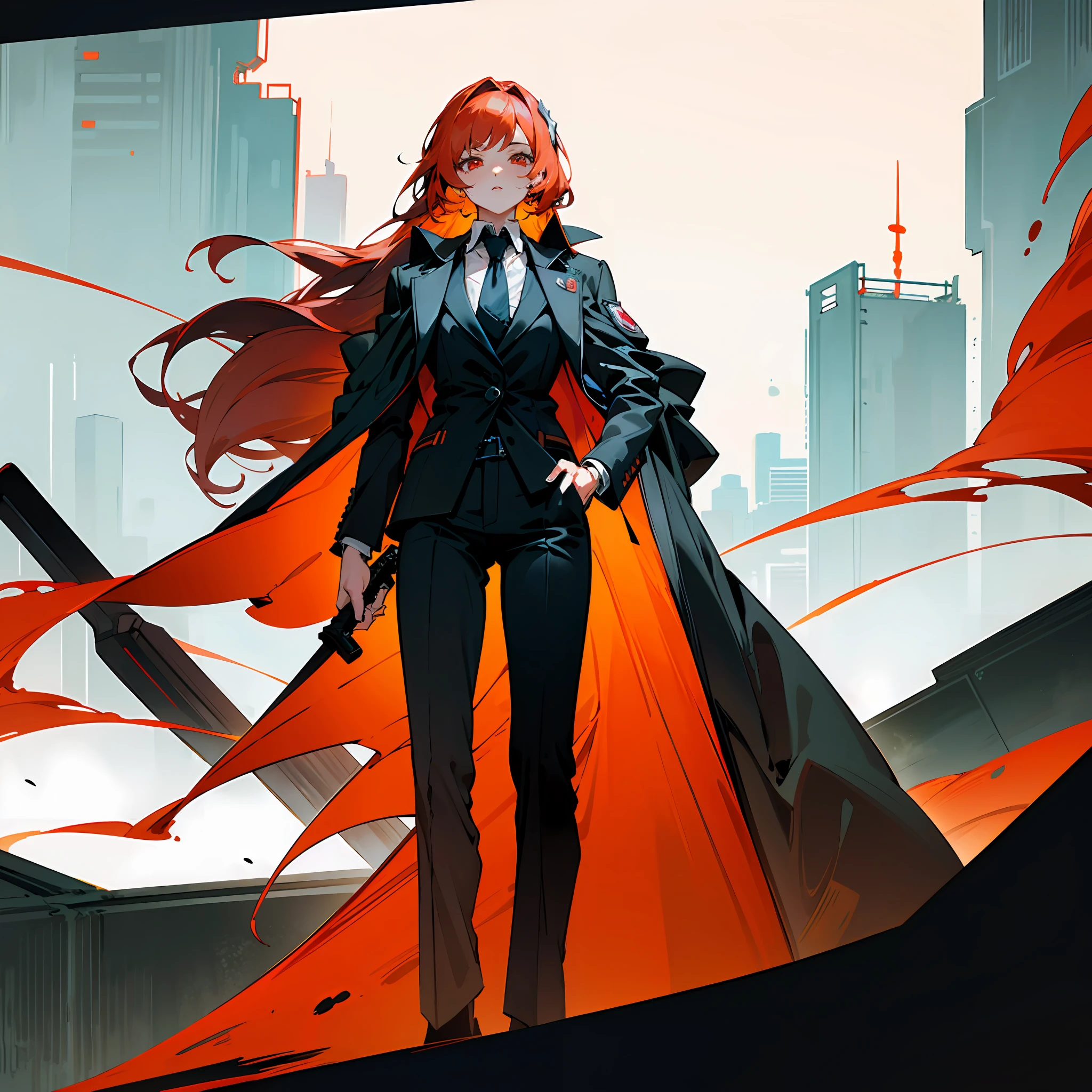 anime character with red hair and cape standing in front of a city, Digital cyberpunk anime art, anime cyberpunk art, cyberpunk anime art, Anime cyberpunk moderno, cyberpunk anime girl, femele，Need，Impeccable，Tall and tall，Beautuful Women，warrioress，Blood-colored mist，（tmasterpiece，best qualtiy）， 1girll， 独奏， （（long whitr hair， red tinted hair， In black suit，））， with black background， standing on your feet， flatcolors， red color eyes， Long knives， Black and white smoke， Rich colors， skyscrapper， urban backdrop，dystopian