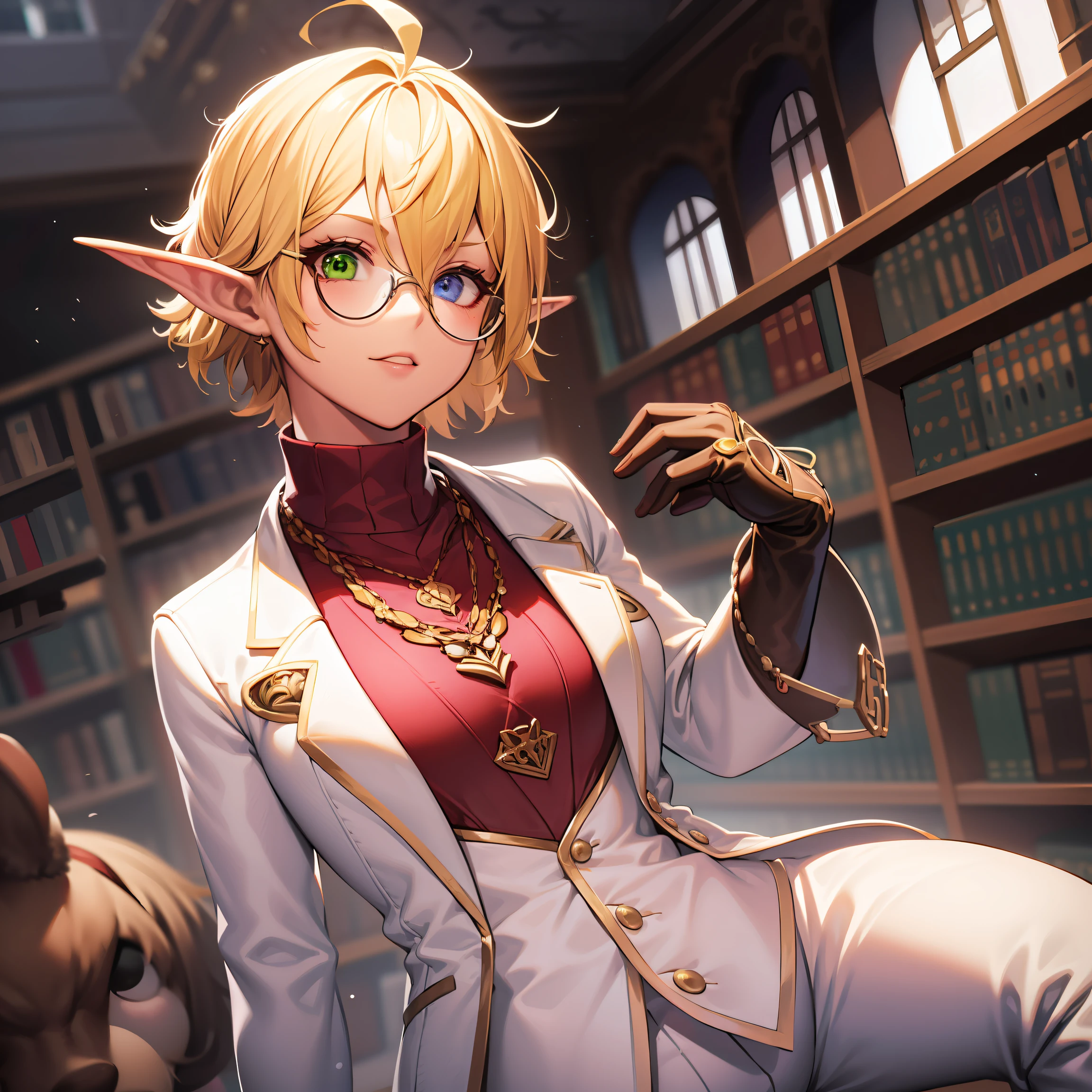 hight resolution, foco nítido, eye glasses,read a book,serious facial expression,Eyes are books,pixiv's masterpiece, ((intricate detailes)), ighly detailed, pointy ear, Heterochromia, 独奏, blonde  hair, gloves, Green eyes, Blue Eye, Ahoge, 1girl in, shorth hair, Red Shirt, vests, Long sleeve, Brown gloves, elvish, Dark skinned, White pants,The background is the library,Adults,morpheus,E-cup,Aura of Overlord,