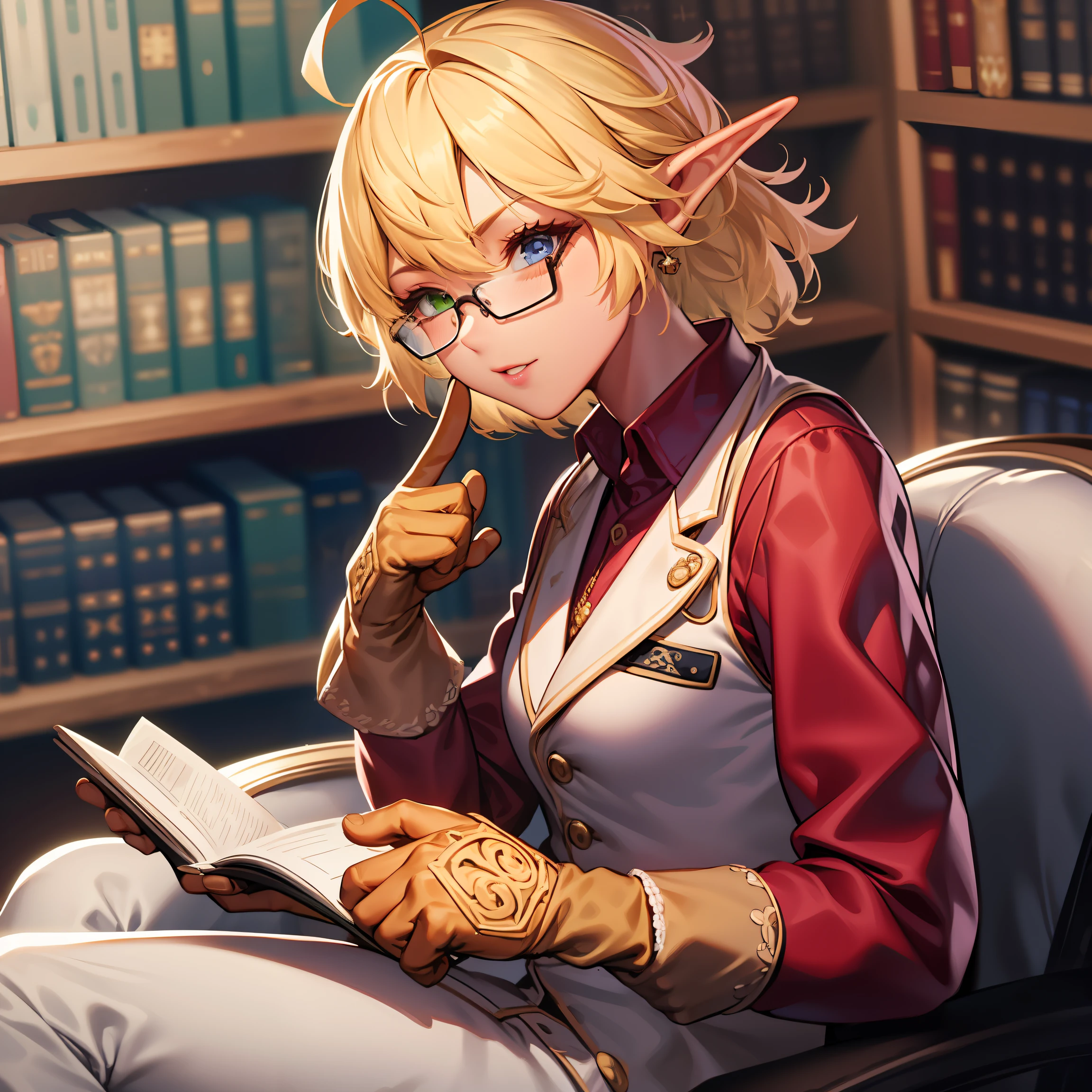 hight resolution, foco nítido, eye glasses,read a book,serious facial expression,Eyes are books,pixiv's masterpiece, ((intricate detailes)), ighly detailed, pointy ear, Heterochromia, 独奏, blonde  hair, gloves, Green eyes, Blue Eye, Ahoge, 1girl in, shorth hair, Red Shirt, vests, Long sleeve, Brown gloves, elvish, Dark skinned, White pants,The background is the library,Adults,morpheus,E-cup,Aura of Overlord,