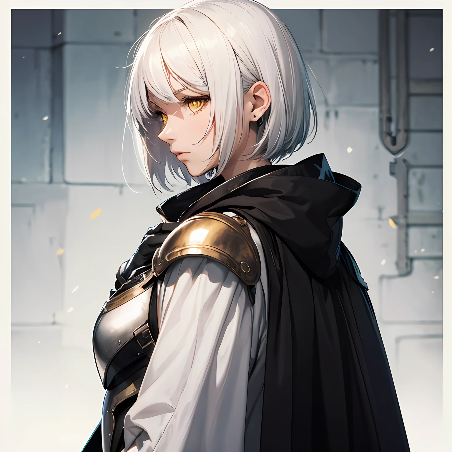 short hair, concentrated face, white hair, yellow eyes, combat suit, full white metal armor, android, human appearance, adult female, dress cape, hooded robe, looking side --auto