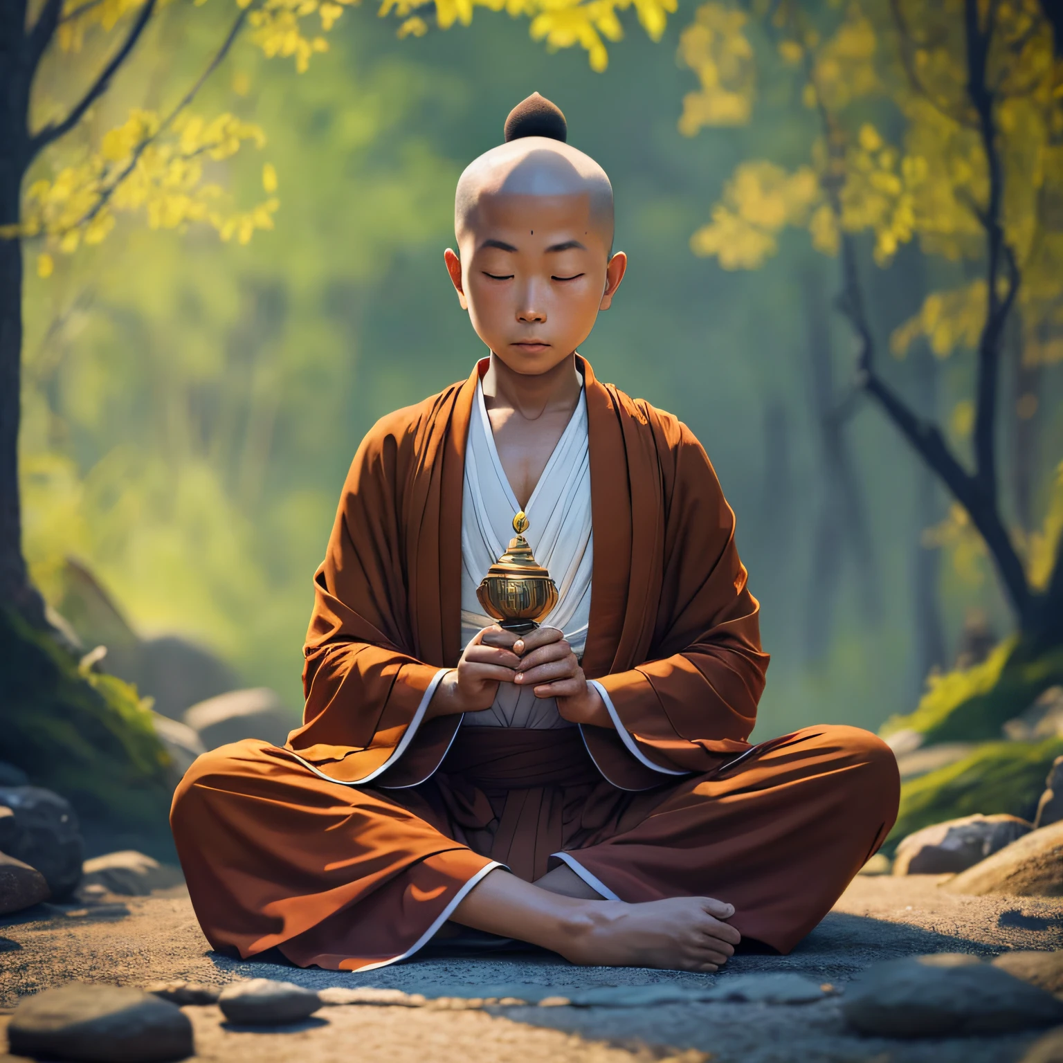 A small monk is at the door，Sit cross-kneeled，Buddha beads in his hand，it's lovely，The lens just fits his position --auto