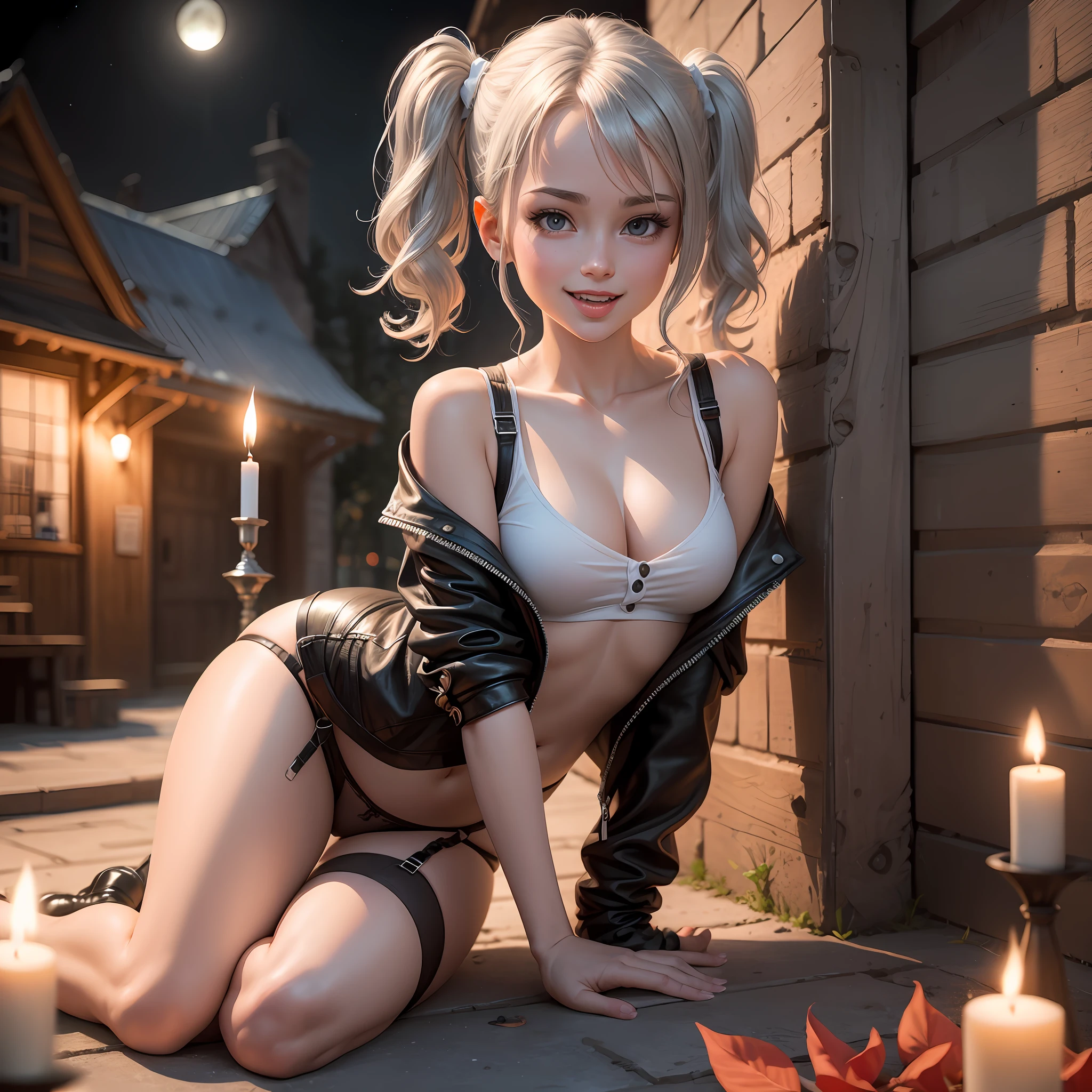 Ultrarealistic, photo, photorealistic, High quality, realistic style, full body, high definition, high quality, realistic, shaded, photorealism, Ray tracing, 8k, uhd, masterpiece, 1 short beautiful young girl, small breasts, small body, silver hair with pigtails, leather jacket open with a loose tank top, a tiny skirt with the button open, a garter belt, happy face with tongue out, in front of a medieval taverm, night time, candle light, nsfw