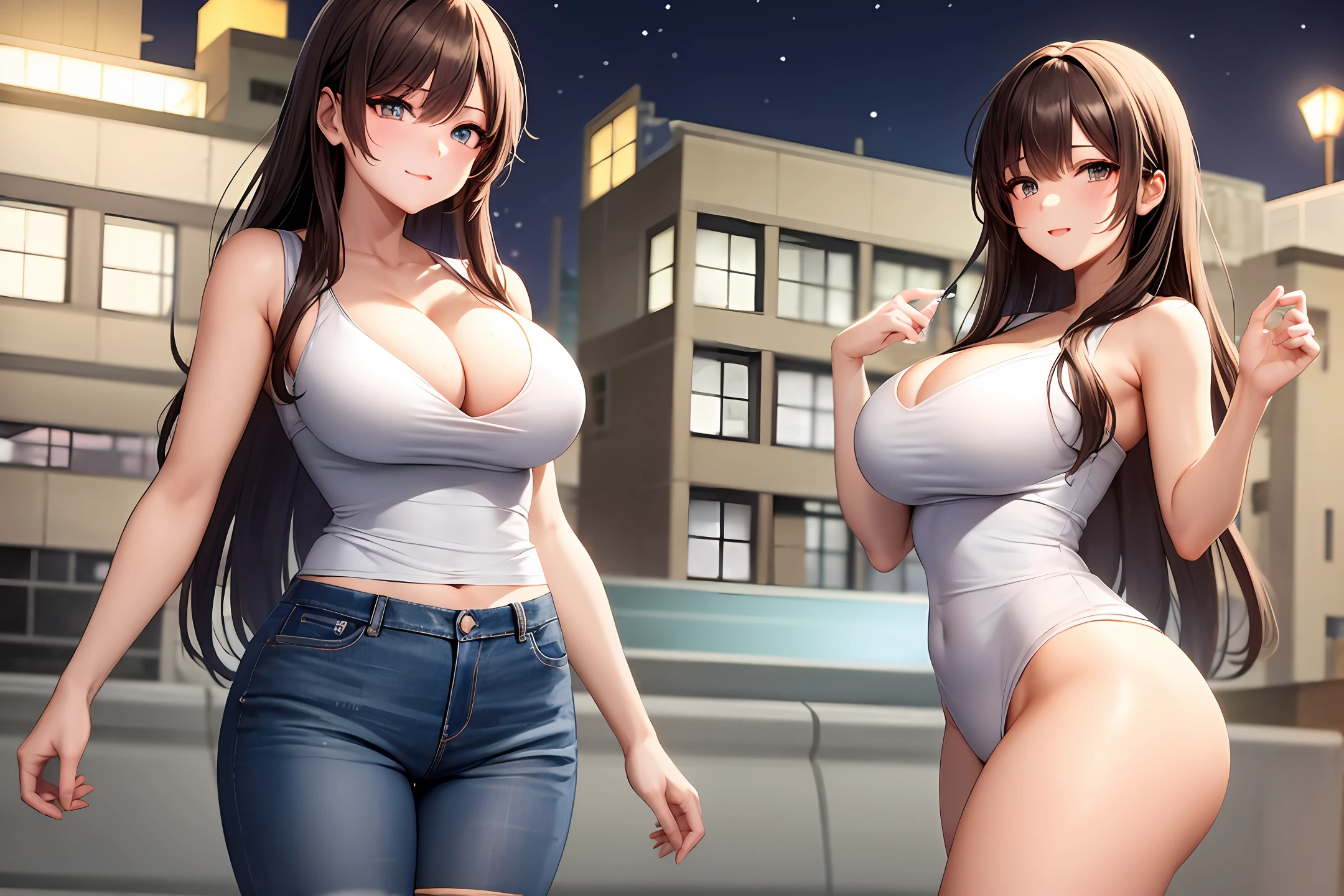 （（midynight， best qualtiy， 8k， tmasterpiece ：1.3））， full bodyesbian， long leges， Sharp focus ：1.2， A beautiful woman with a perfect figure ：1.4， Slender abs ：1.1， （（dark brown  hair， gigantic cleavage breasts，nakeness：1.2））， （white tight t-shirt， Denim bib， standing on your feet：1.2）， （nighttime scene， the roof：1.3））， Highly Detailed Face and Skin Textur， Fine Eye， 二重まぶた