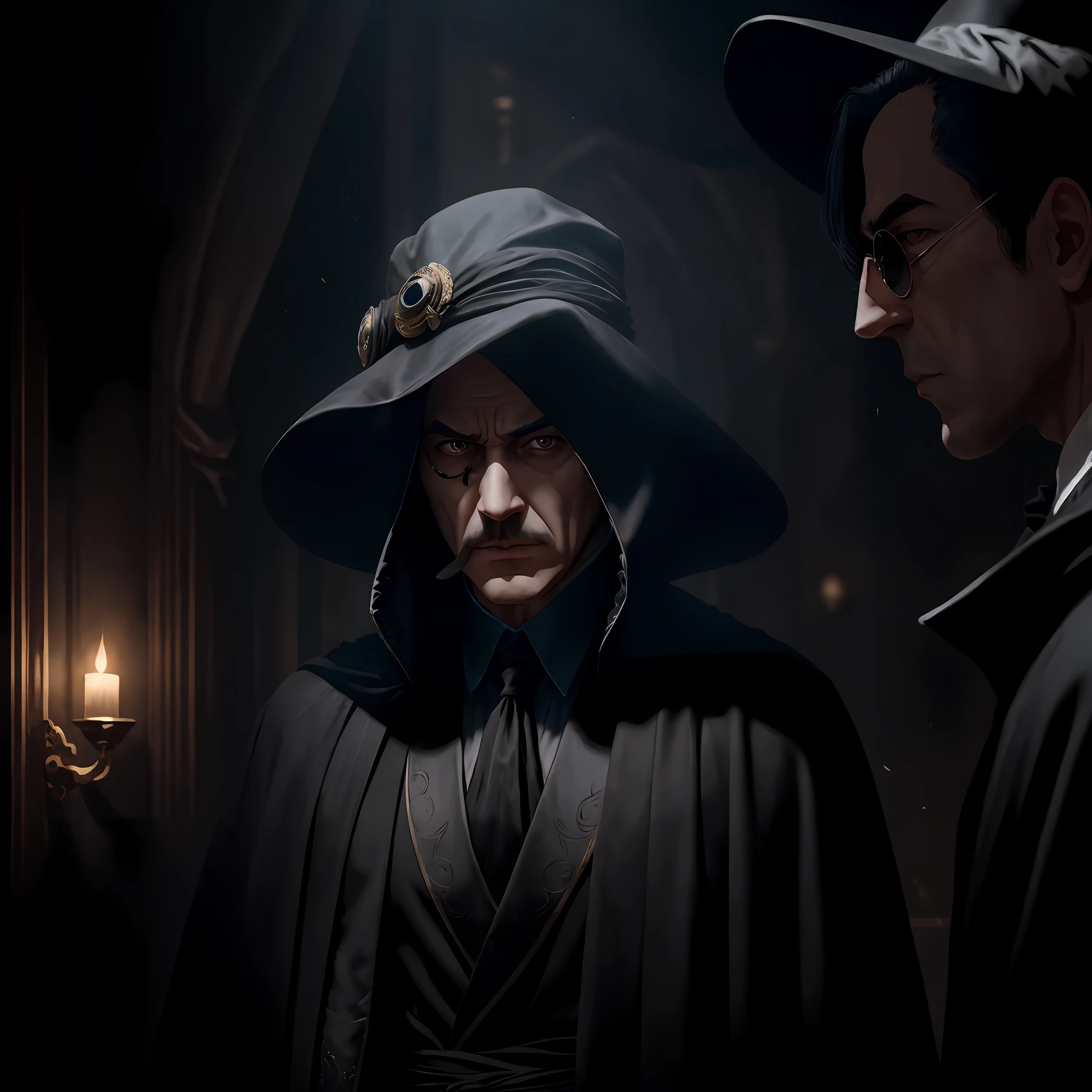 Wearing a black classical robe,Phantom wearing a pointed soft hat!This phantom has black hair,Dark eyes,wide forehead,Slim your face,Wearing a monocle carved from crystal --auto