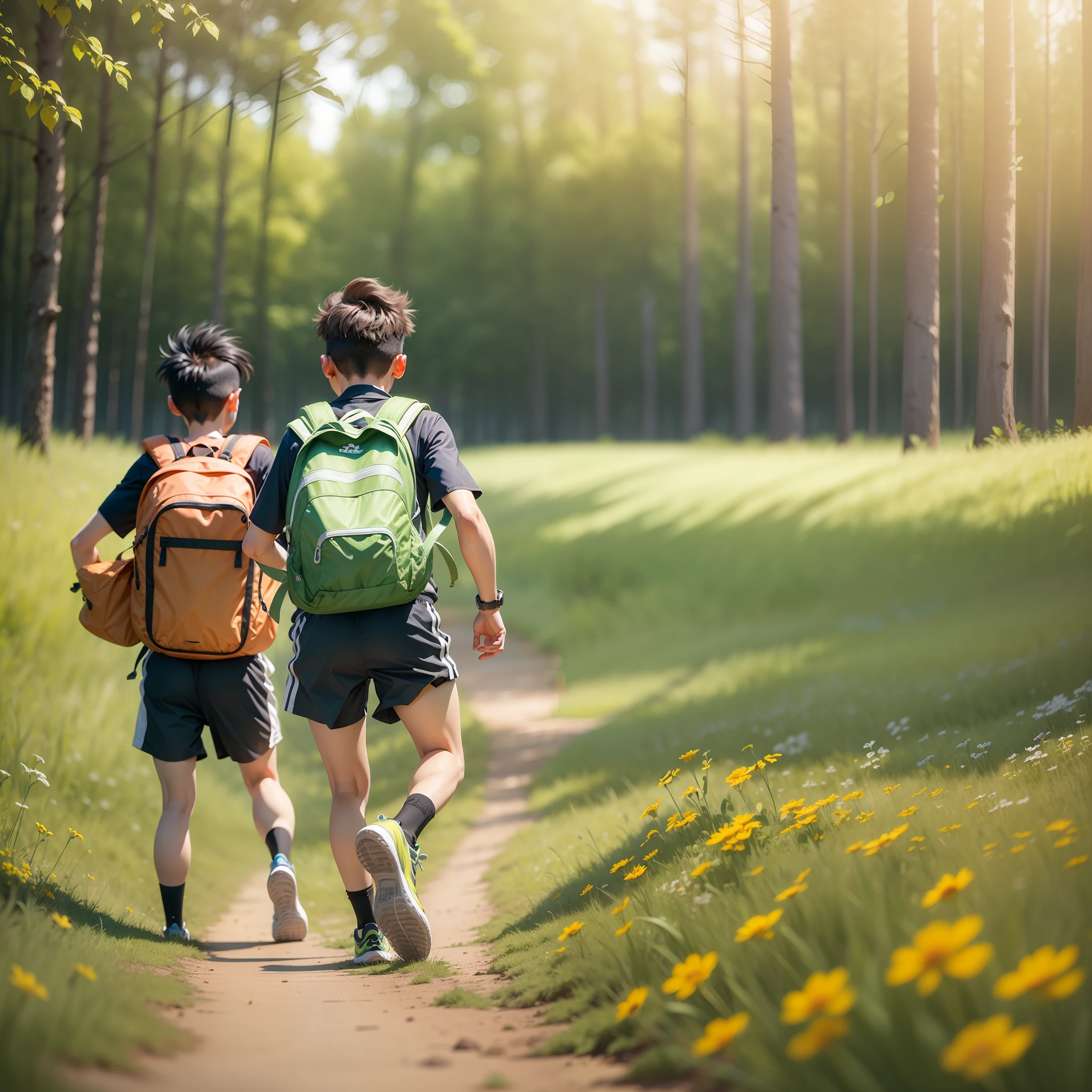 Poster design, (SFW), two running boys, spring outing, happy, backpack on back, forest in the background, perfect quality, clear focus, colorful, perfect face, intricate details, ultra-low viewing angle, wide angle lens