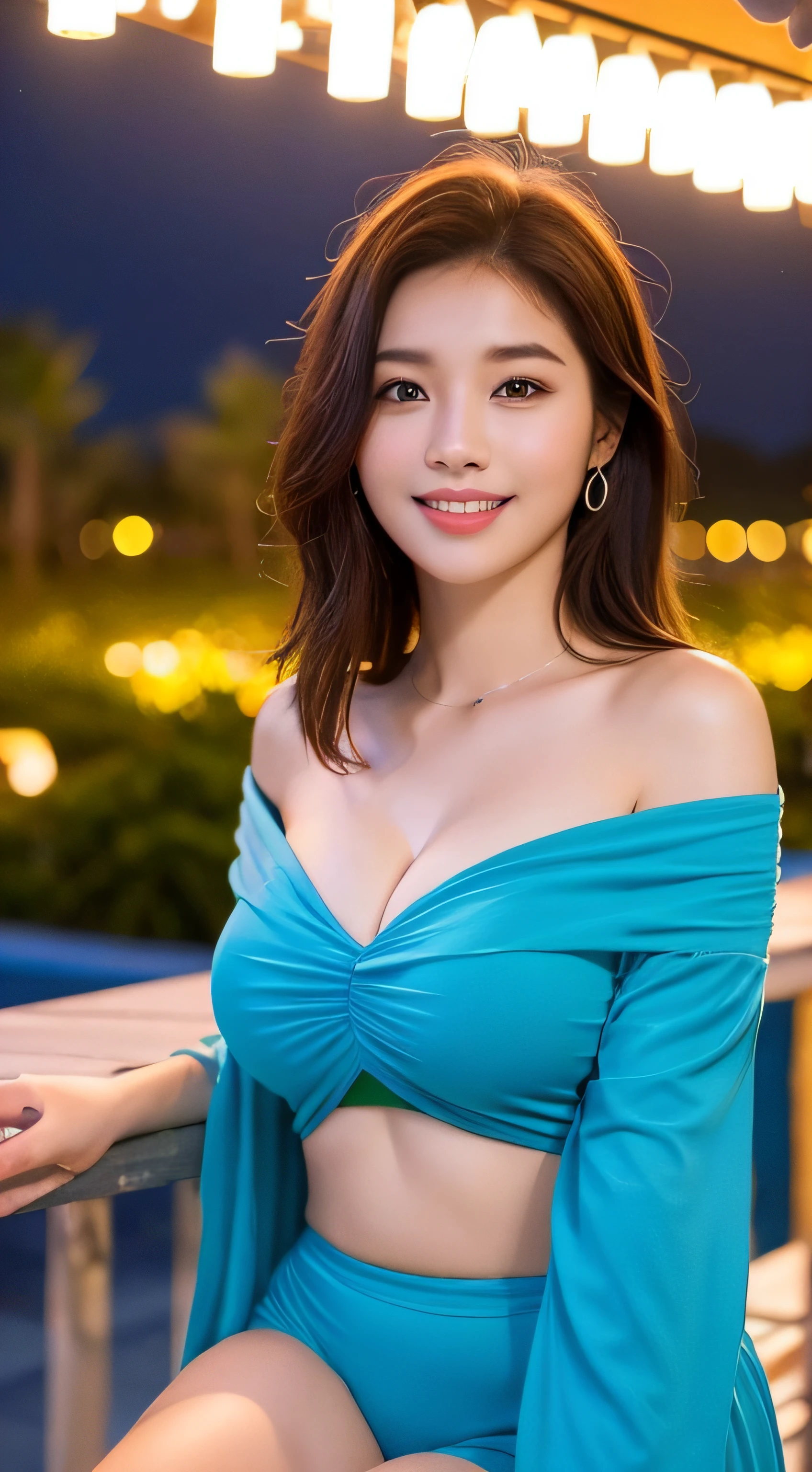 ((Night Scene, Realistic Light, Best Quality, 8K, Masterpiece: 1.3)), 1 Girl, Slim Body Beauty: 1.4, Brown Hair, (Big: 1.3), Off Shoulder Cut Top: 1.3, Ultra Detailed Face, Detail Eyes, Double Eyelids, Fountain, Castle, Fireworks, Smile, Cleavage, Saggy, Bikini, Beach, Tropical Country, Sea