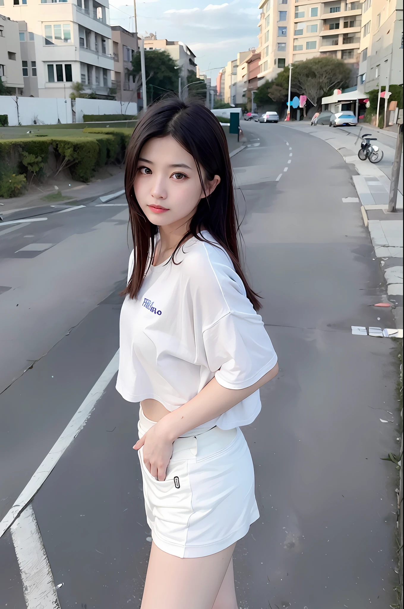 (photograph of-realistic:1.55),tmasterpiece,top-quality,the detail,femele,the city street,femele,TFG1,White gym clothes,beachside