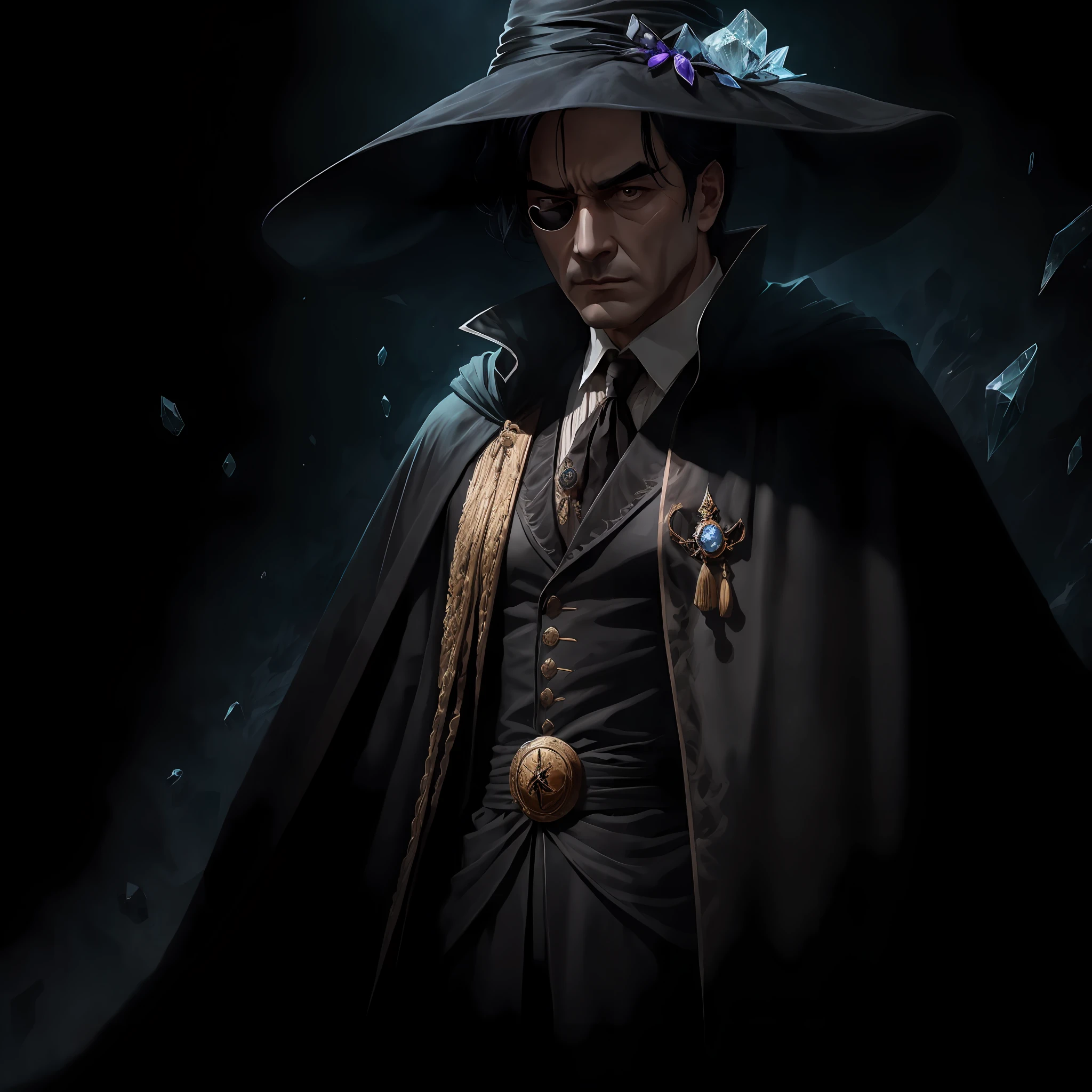 Wearing a black classical robe,Phantom wearing a pointed soft hat!This phantom has black hair,Dark eyes,wide forehead,Slim your face,Wearing a monocle carved from crystal --auto
