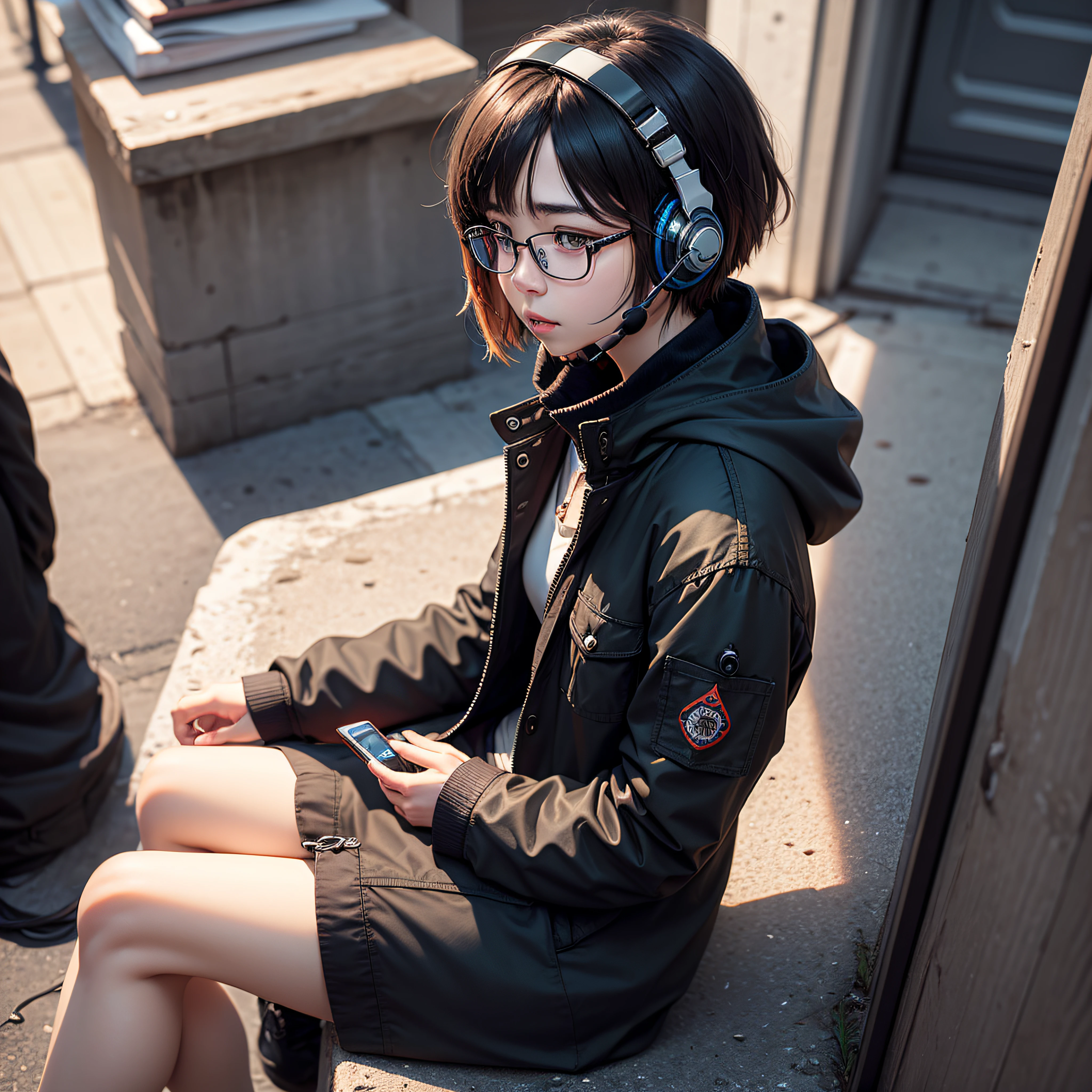Short hair cover ears、wears glasses、Wear a headset、Wear a black cargo coat、Sit Pose、In a daze、Look up --auto