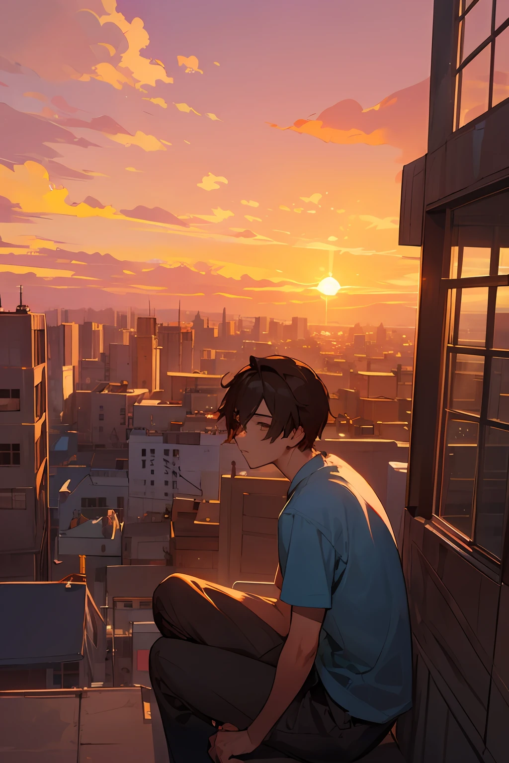 Draw a young designer,1 boy,Sitting on the roof of a very tall office building。Draw again with a brush in hand,It is surrounded by relatively low office buildings,Not far away is the afterglow of the setting sun,The clouds turn into colorful clouds in the light of the setting sun。The glow of the setting sun shines on the body,cowboy lens。