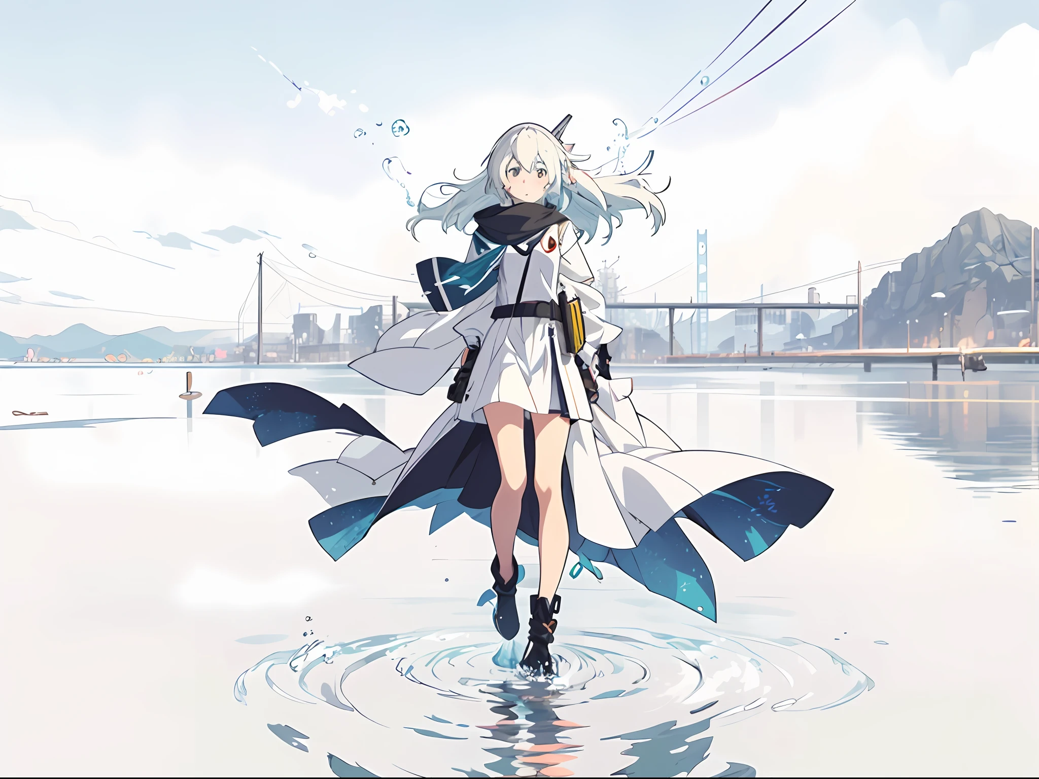 Anime girl standing in water in white dress and black boots, Anime girl walking on water, Best anime 4k konachan wallpaper, Kantai collection style, girls frontline style, style of anime4 K, from girls frontline, Girls Frontline CG, anime visual of a cute girl, Guweiz in Pixiv ArtStation, Teal style