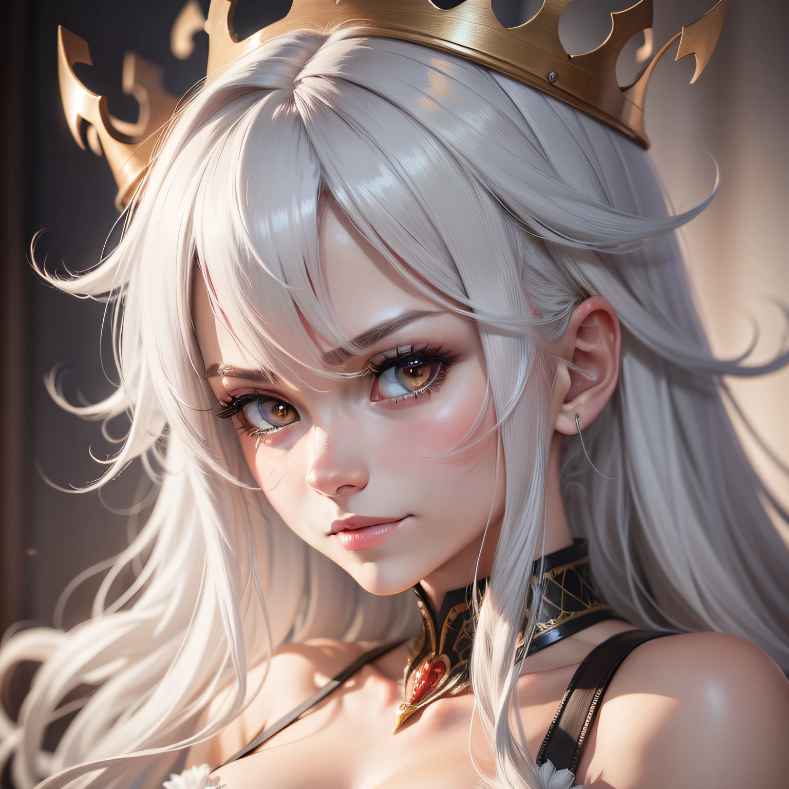 white hair, crown, halo, scowl, jitome, glaring, hairpin, seductive smile, anime, anime style, pov, close-up, UHD, masterpiece, anatomically correct, high details, highres, best quality
