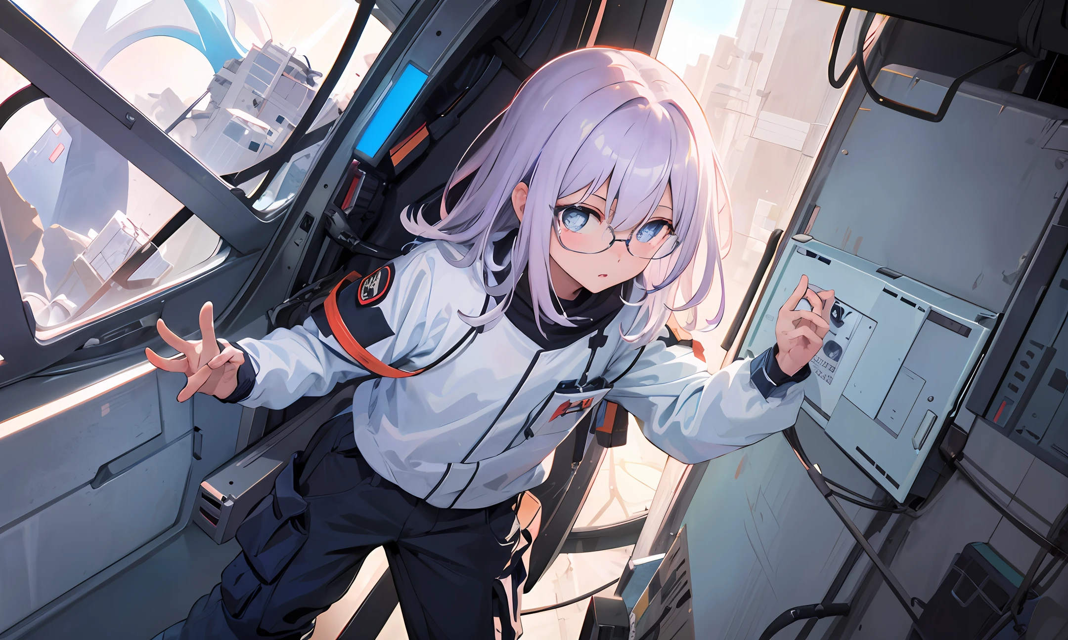 light violet hair，Medium length hair，Light blue pupils，white uniform，Black cargo pants，eye glass，Calm eyes，reason，sense of science and technology，Capture，k hd，high qulity，a sense of atmosphere，A masterpiece