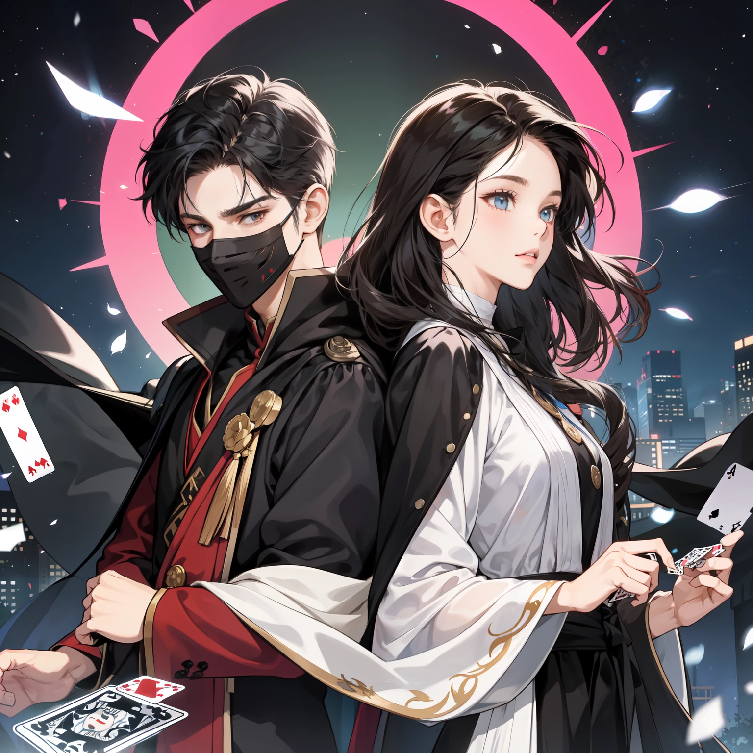 Two characters,1 girl and 1 boy,Girl dressed in white,Boy in black,Fighting posture,aloof,Back to back,the night,cloaks,The boy wears a mask,The girl wears a mask,Para cobrir seu rosto,Playing cards in hand