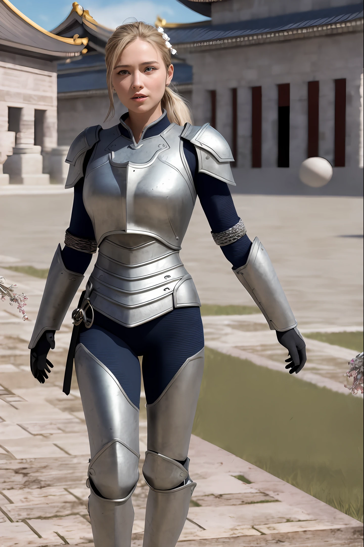 (8K, best quality:1.2), (masterpiece:1.37), (photo, photorealistic:1.37), (ultrahigh-res), full body, walking pose, shot from front, slow motion, female paladin wearing the full body, (light silver armour:1.2),(ornately decorated armor), (insanely detailed, bloom:1.5), (highest quality, Alessandro Casagrande, Greg Rutkowski, Sally Mann, concept art, 4k), (analog:1.2), (high sharpness), (detailed pupils:1.1), detailed face and eyes, Masterpiece, best quality, (highly detailed photo:1.1), (long blonde Hair, ponytail,ecstatic:1.1), (young woman:1.1), sharp, (perfect body:1.1), realistic, real shadow, 3d, (temple background:1.2), (by Michelangelo), photographed by Canan EOS R6, 135mm, 1/1250s, f/2.8, ISO 400