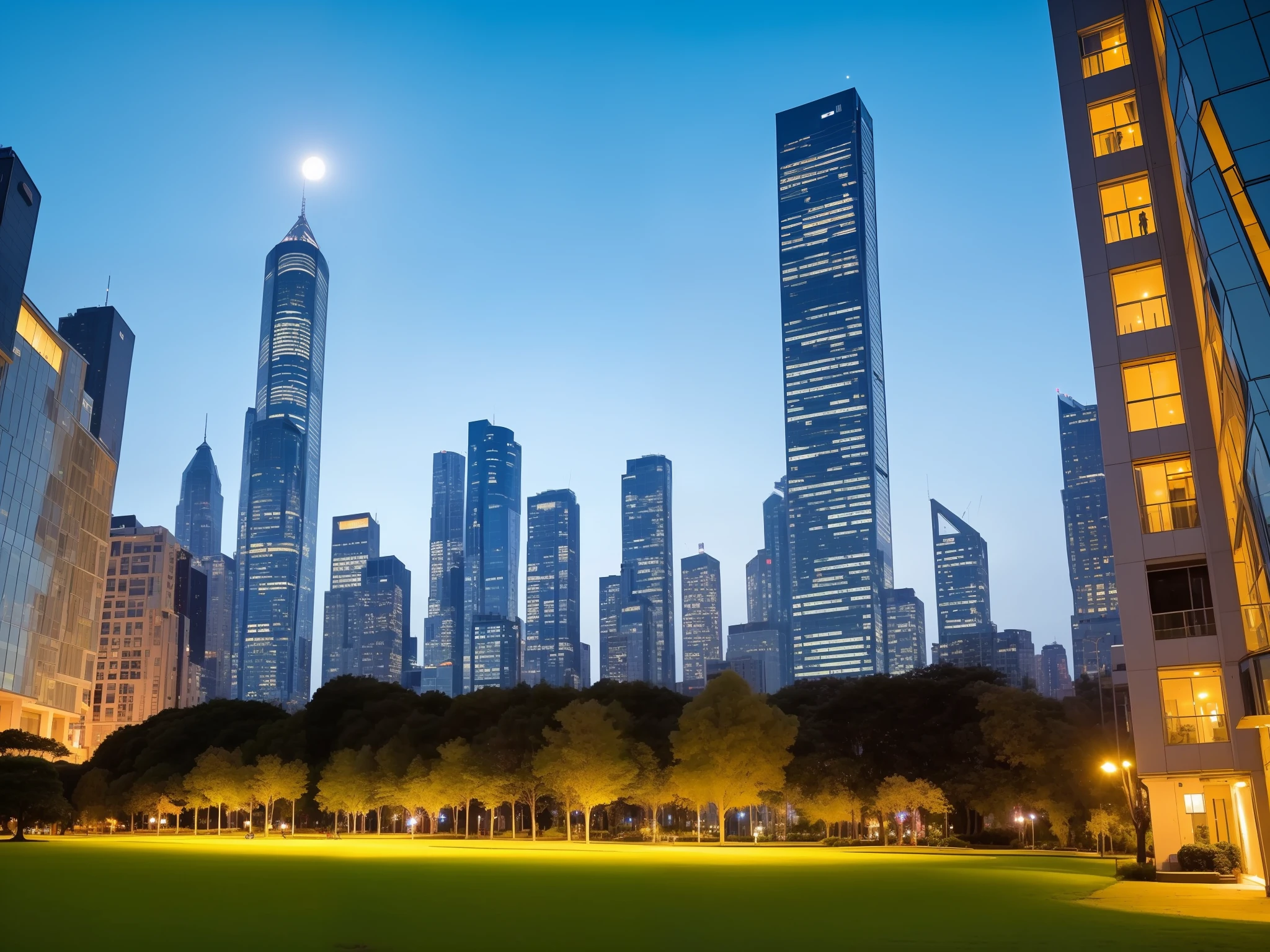 Near Future City、look up to、Masterpieces in detail、highrise buildings、green grass、nighttime scene、
