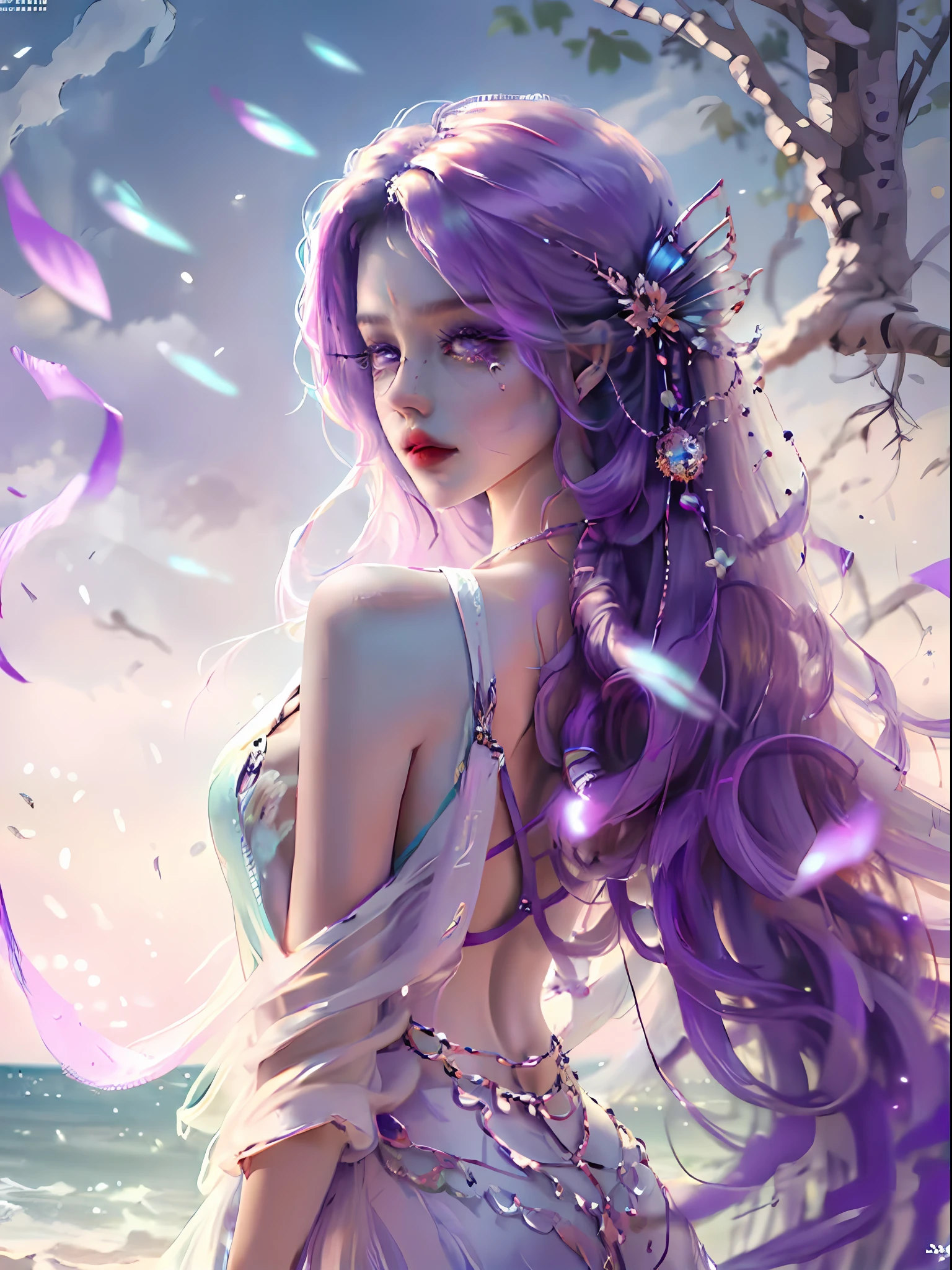 A high resolution、8k,high qulity、downy、Bright,The picture quality is clear,Contains a lot of detail,The colors are bright and dynamic,The whole picture seems to stand still,Purple hair,eBlue eyes,white skinned,Tall and tall,Beautiful appearance,Furrowed eyebrows --auto