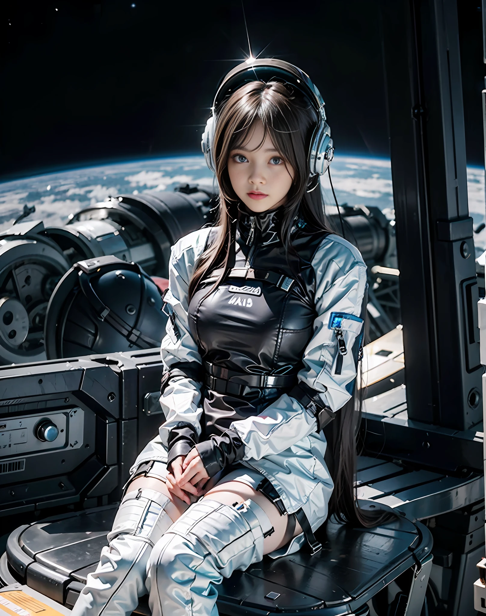 Arafed woman in a space suit sitting in a space station - SeaArt AI