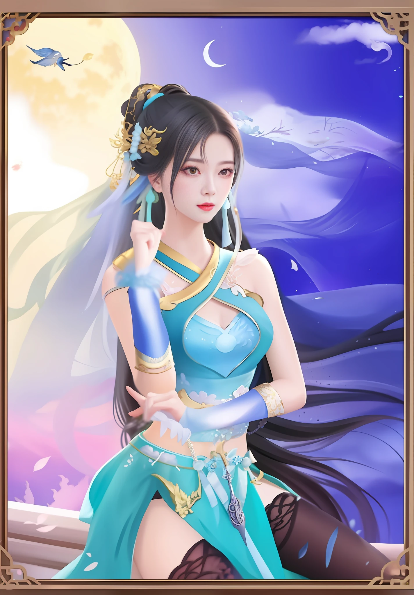 A woman in a blue dress holds a sword before the full moon, inspired by Du Qiong, Inspired by Lan Ying, Beautiful character painting, full-body xianxia, queen of the sea mu yanling, Inspired by Qiu Ying, Inspired by Li Tang, inspired by Ju Lian, a beautiful fantasy empress, inspired by Zhao Zuo
