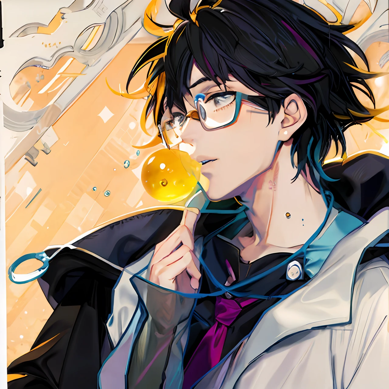 Anime, a man with glasses and a tie is holding a cell phone, inspired by Okumura Togyu, manga style of kentaro miura, Tsutomu Nihei style, inspired by Yumihiko Amano, kentaro miura manga art style, !!Wearing glasses!!, kentaro miura manga style, inspired by Yamagata Hiro,There are transparent bubbles around the mouth,without hands