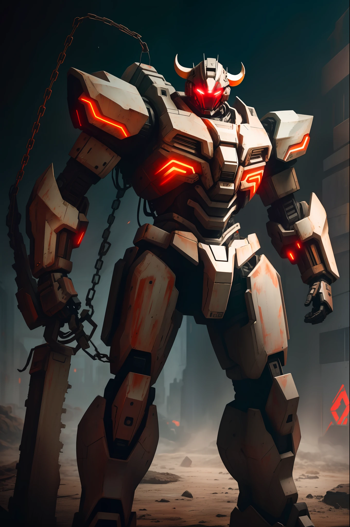 on moon，barren planets，废墟，holdingweapon，without humans，with light glowing，droid，buliding，glowing light eyes，red color mecha，scientific fiction，城市，Realistis，mechs，Milky Way Galaxy background，full bodyesbian，neonlight，cyber punk perssonage，8k wallpaper，Hyper-detailed work，Cinematic lighting，photograph of-realistic，Dark_Fantasy,Cyberpunk,(chain saw,chain saw man,Red:1.1),1man,Mechanical marvel,Robotic presence,Cybernetic guardian,wearing a worn-out mech suit，iintricate，（Steel metal[rusted]），ellegance，Clear focus，Photo by Greg Rutkowski，gentlesoftlighting，vivd colour，tmasterpiece，（（the street）），cow boy shot，dynamicposes，