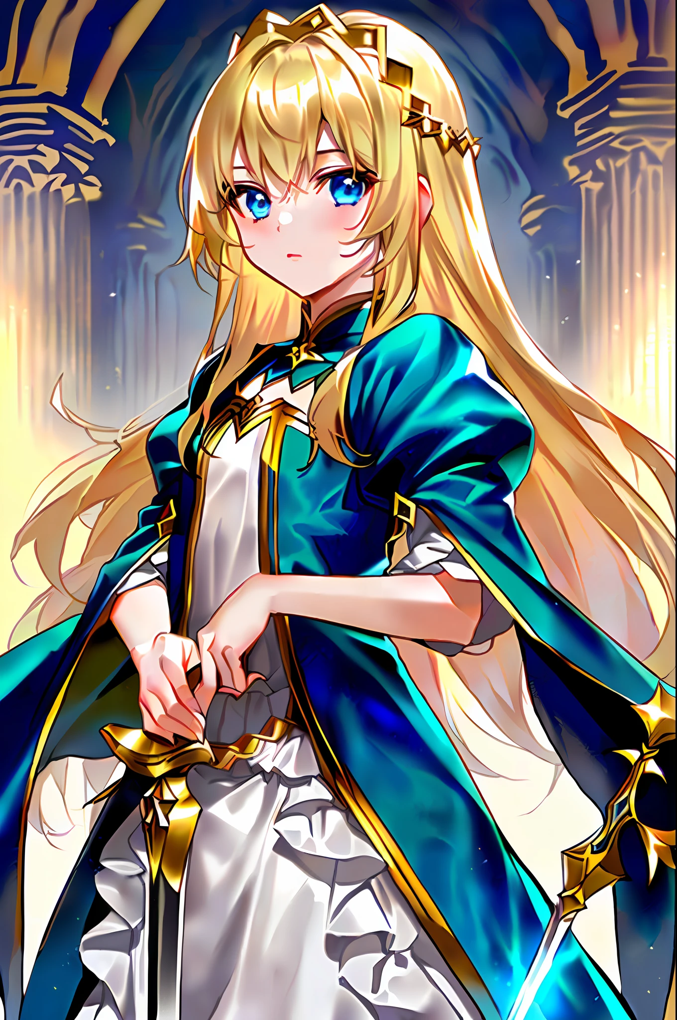 Young girls。European and American style。nobles。Quaint。Cyan robe。Blonde hair, White skin。A golden sword is held in one hand。Flowing hairstyle